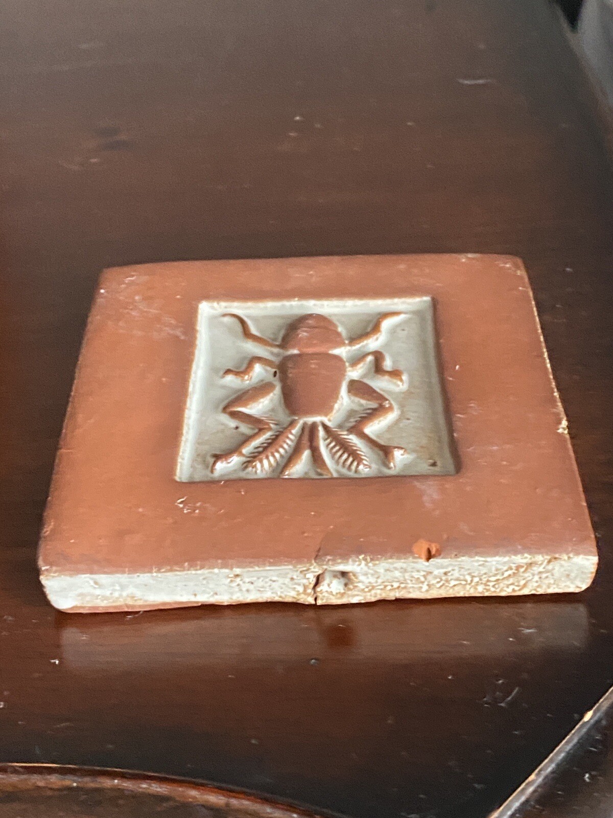Mercer Moravian Pottery Tile Scarab Beetle Square Bucks County PA Terracotta Vtg