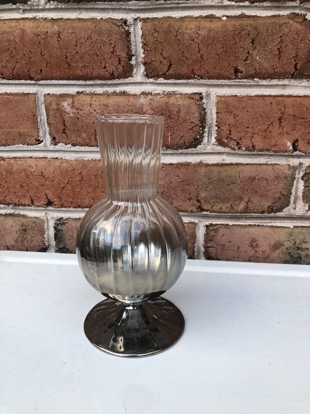 Smoke Gray Mirrored Vase Footed Ribbed Glass Vase Vintage Prefect !