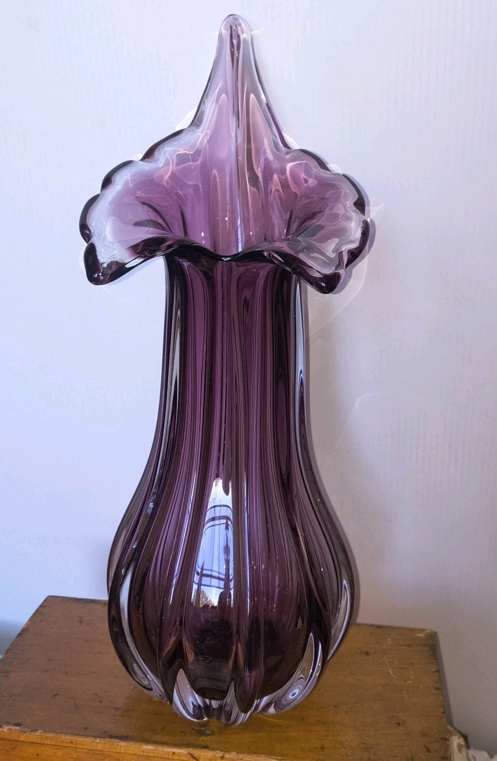 Bohemian Czech Jack In The Pulpit Purple Clear Art Glass Vase 15″