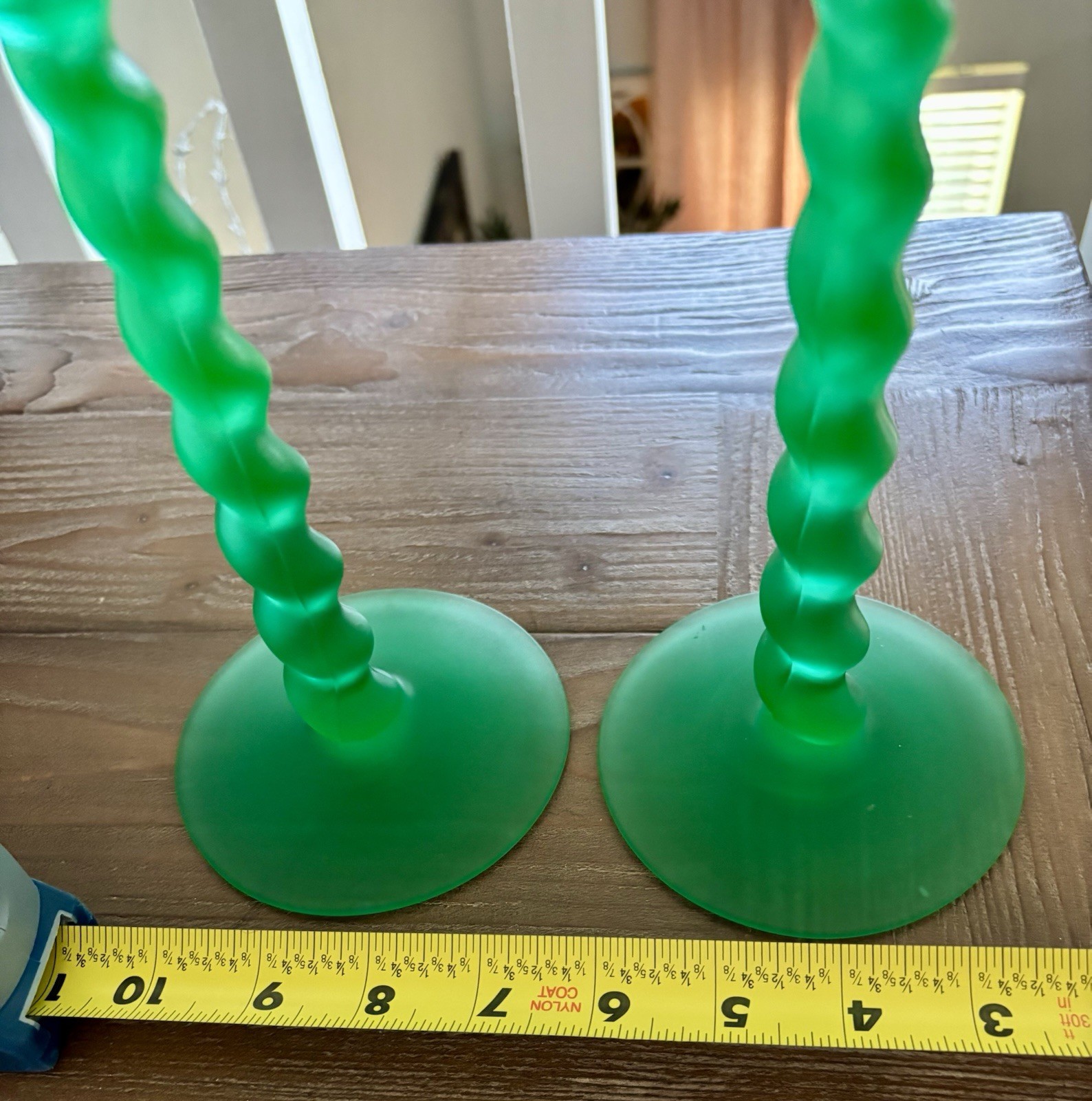 8 1/2” Tiffin Vintage Satin Green Uranium Glass Candlesticks,Beautiful,Glows!!