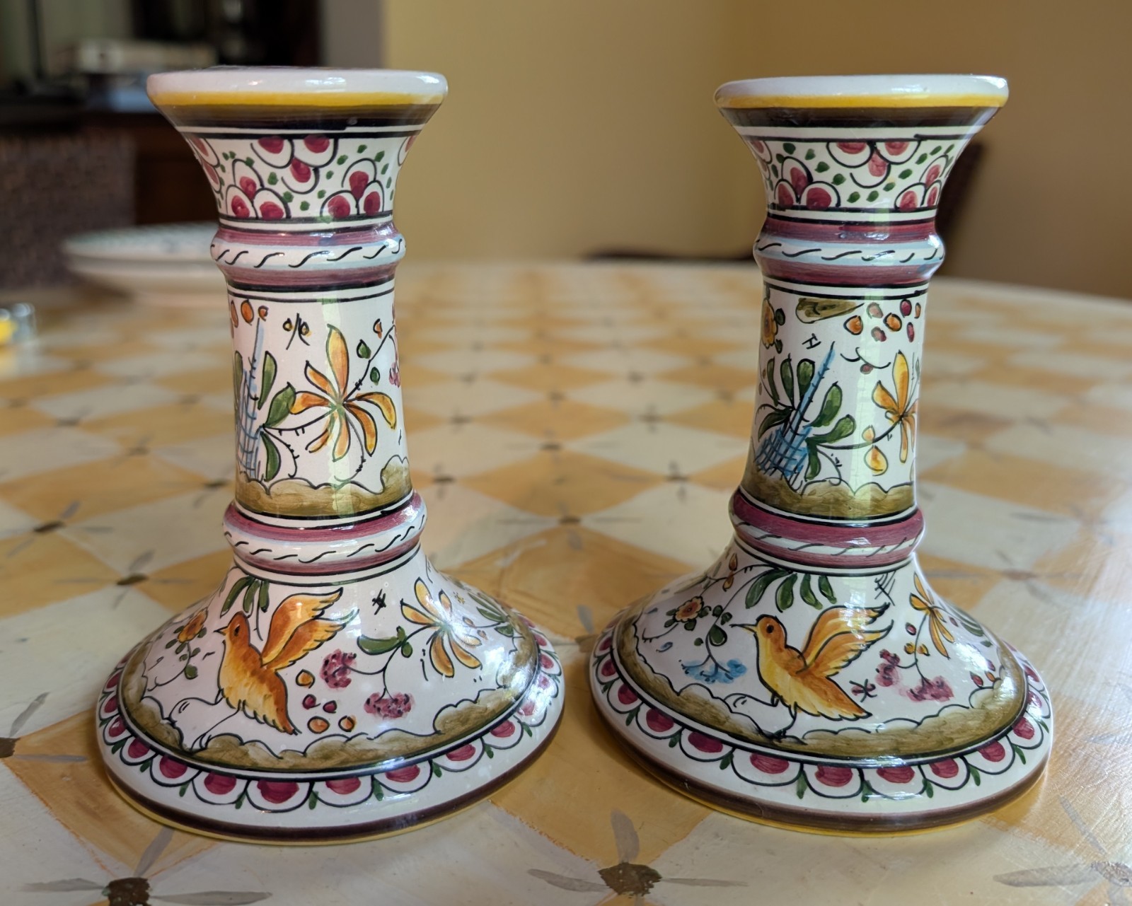 PAIR Candlestick Holders fr Portugal, Hand Painted Birds Floral 5.5″T