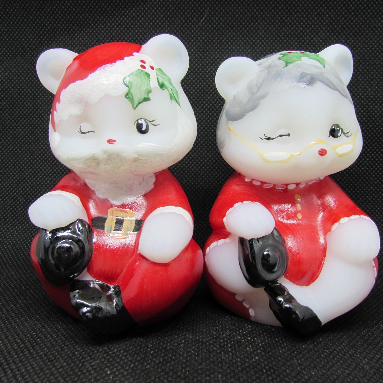 Fenton Opal Satin Santa and Mrs. Claus HP Sitting Bear Set Special Order LE M142