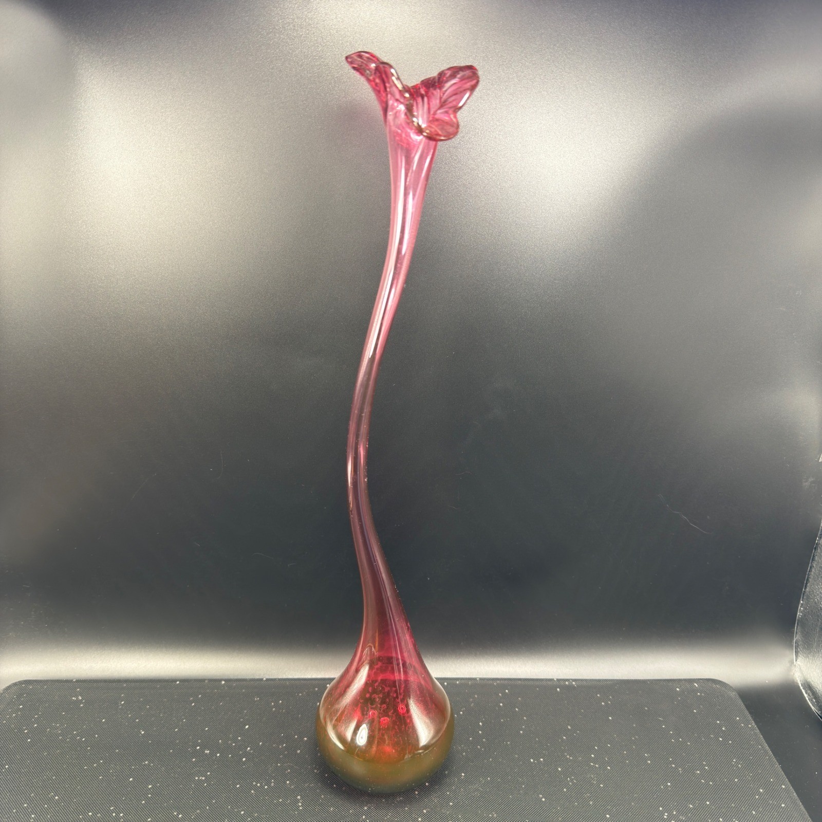Ryno Glass Hand Blown Art Glass Bud Vase Cranberry Pink 15inch Signed 2003 VTG
