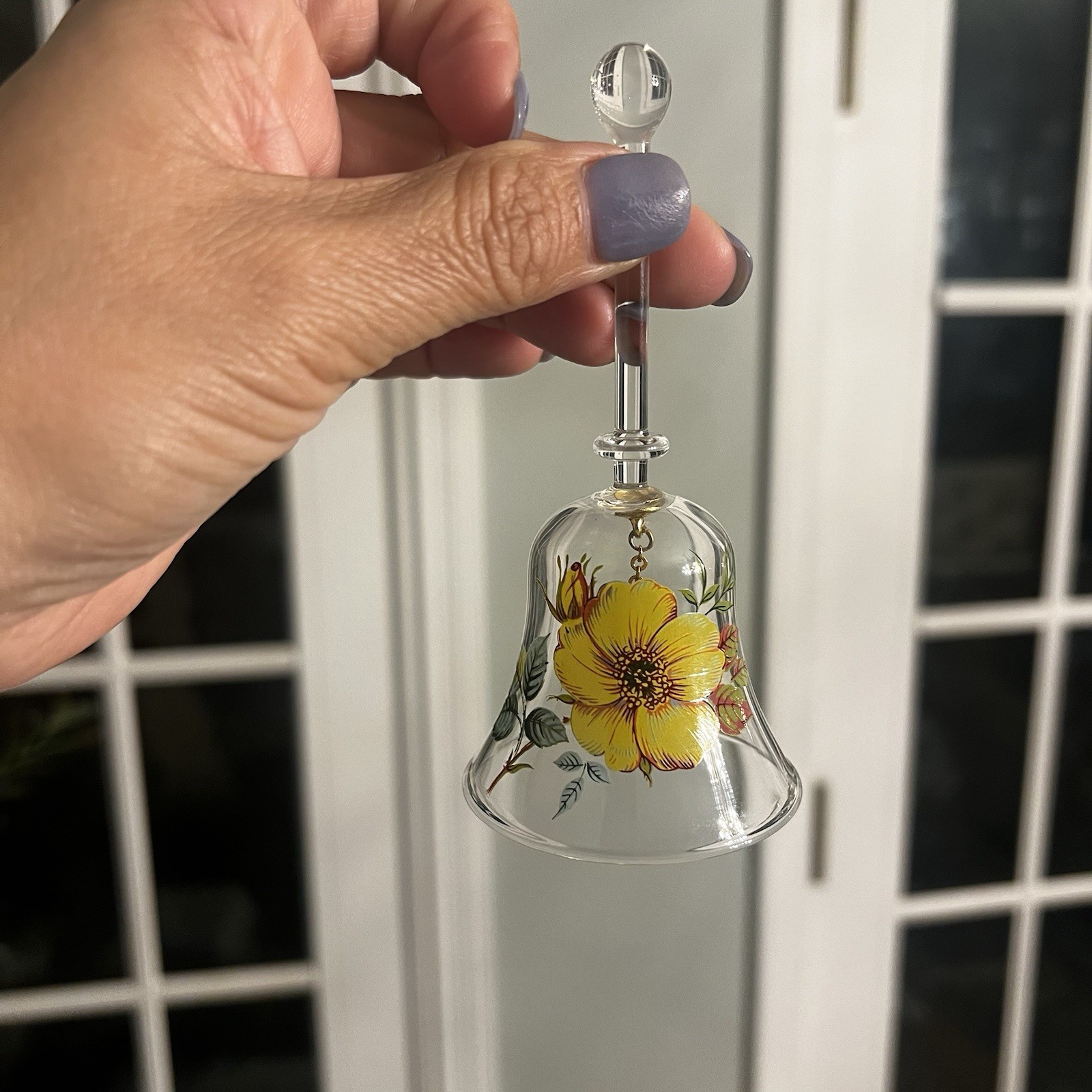 Clear Glass Bell with Yellow Poppy Flower Hand Painted 4.5″ Tall