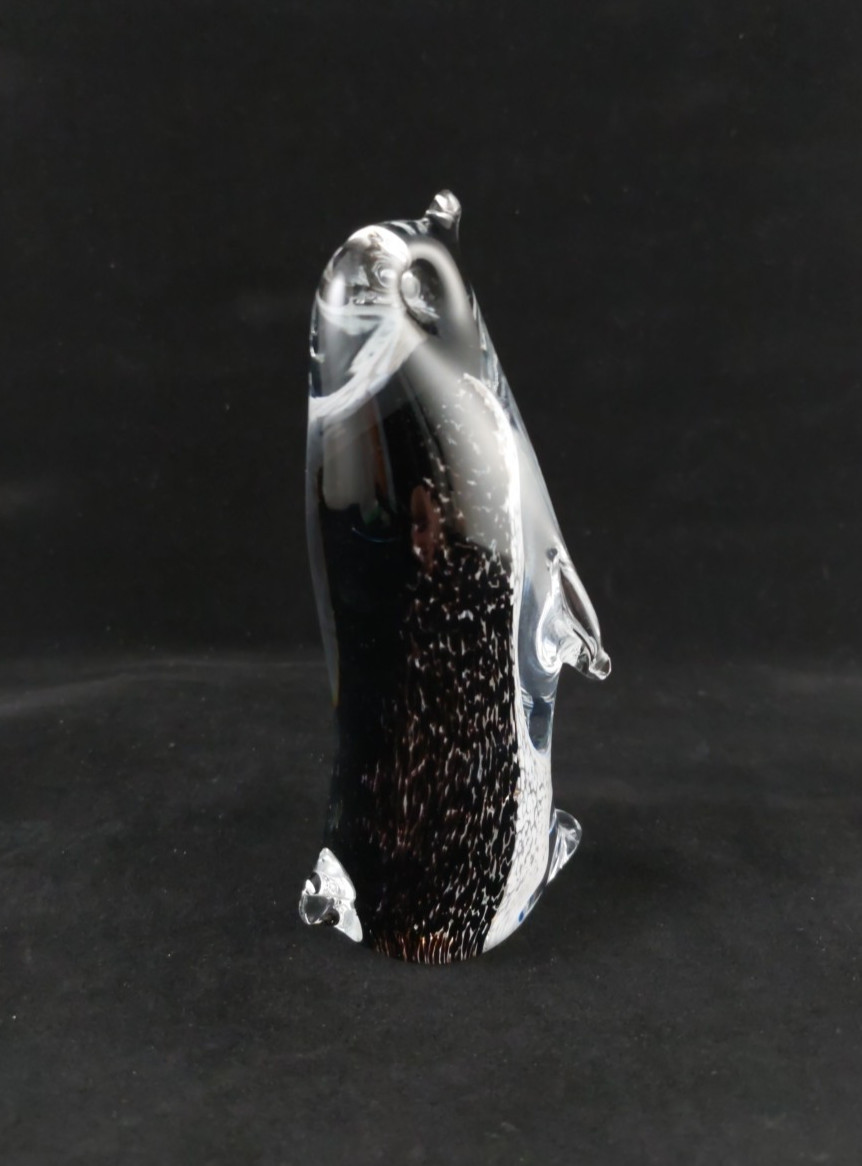 Vintage Mantorp Sweden Art Glass Penguin, Black White Clear, 5 Inches