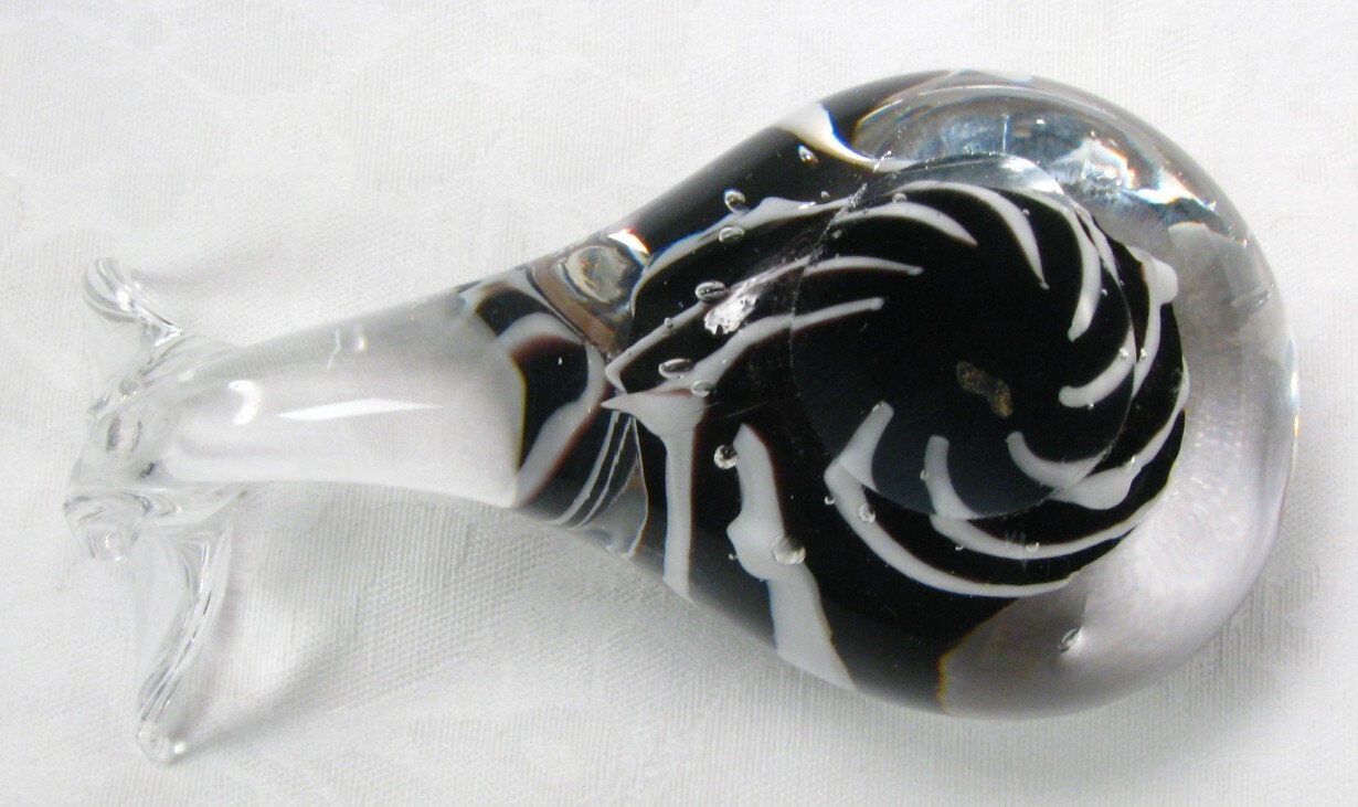 Hand Blown Art Glass Whale Figurine Clear Black White Decorative Paperweight 4″