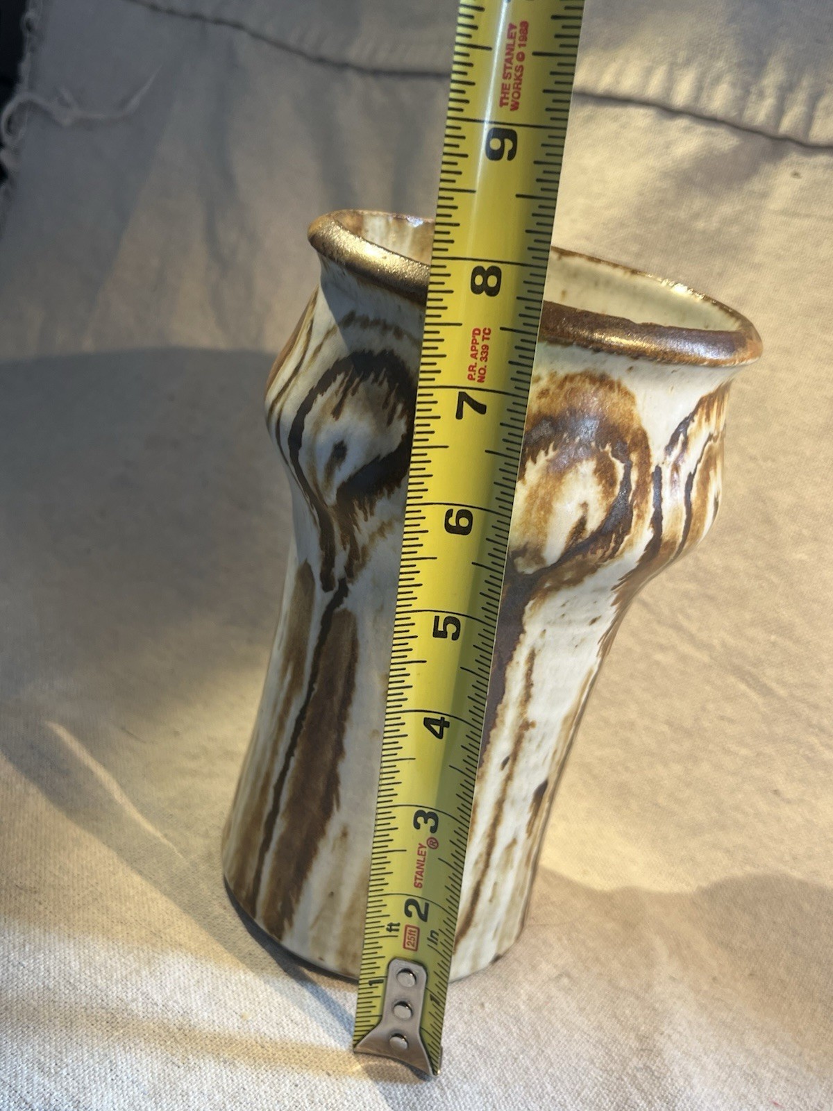VTG Signed 1973 Studio Art Pottery Vase MCM Brown Drip Glaze Abstract Mod Shape