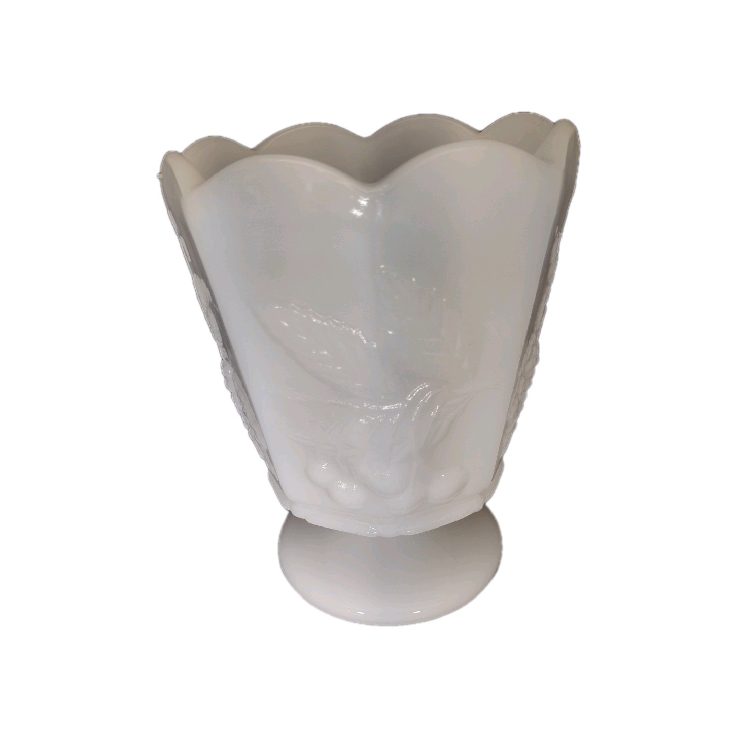 Vintage NAPCO Cleavland Ohio Milk Glass Pedestal Grape pattern ,Vase/ Planter