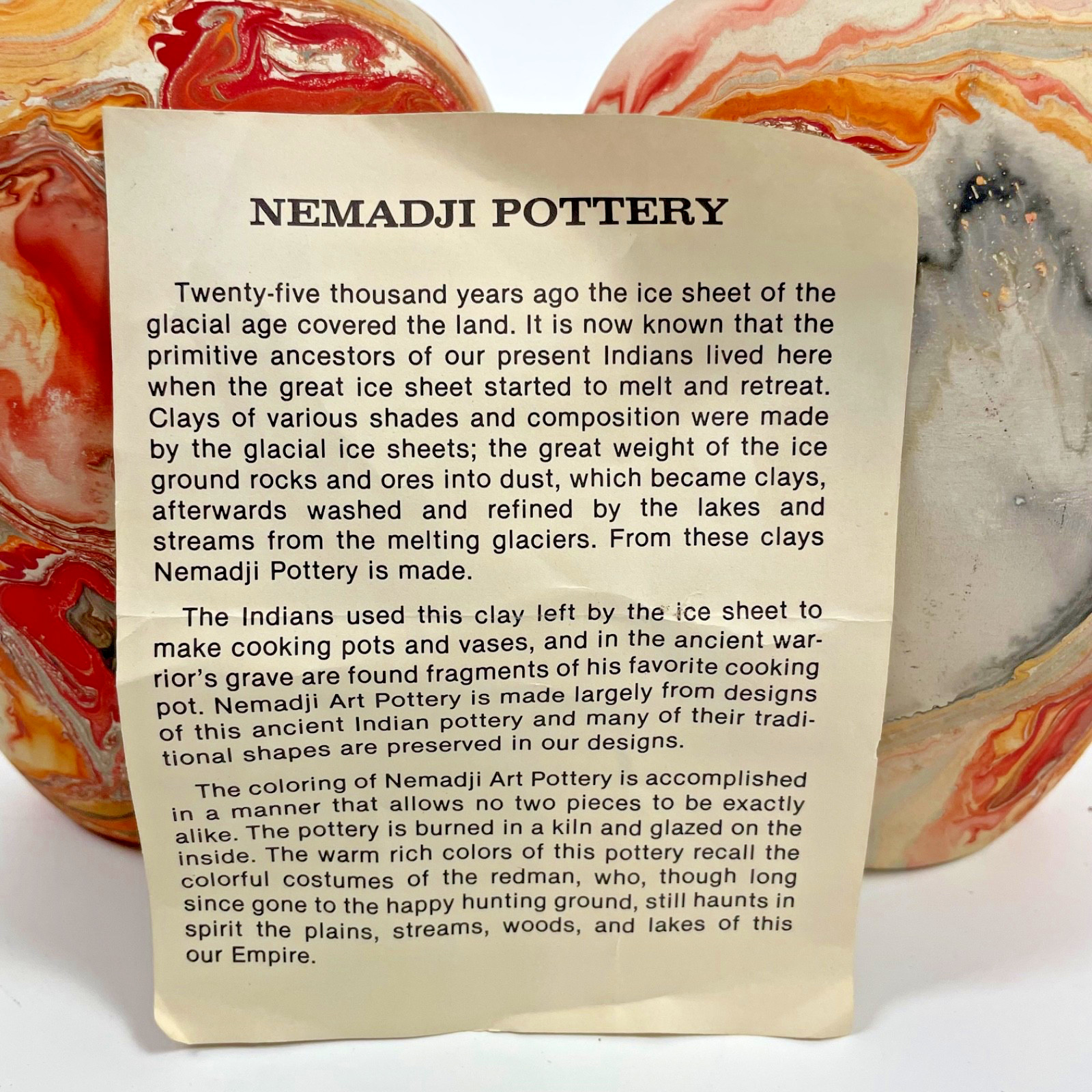 Vintage Nemadji Pottery Vases Pair 7” Swirl Marble Art Pottery USA Paper