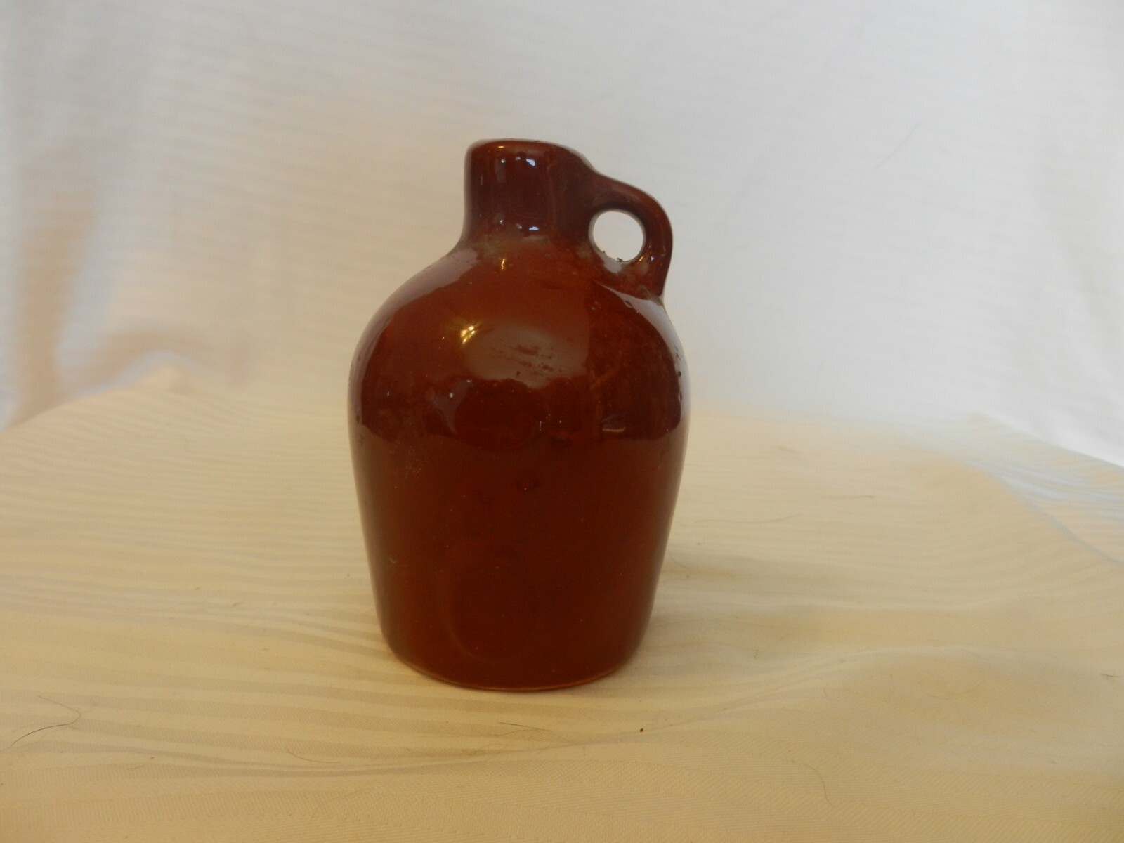 Miniature Brown Ceramic Pottery Moonshine Jug With Handle, 4.5″ Tall