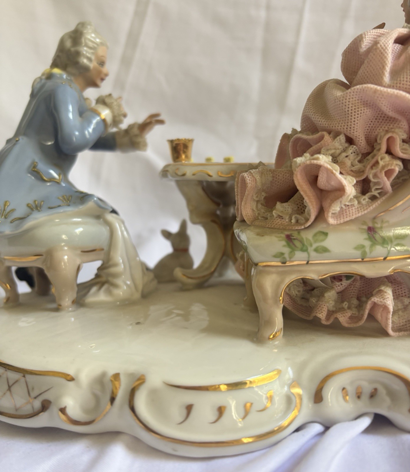 Sandizell Germany Hand Painted Dresden Lace Porcelain Couple Figurine