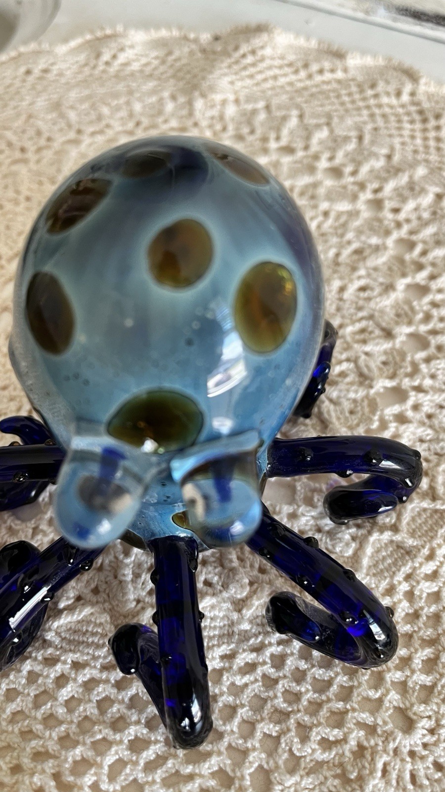 Vintage Hand Blown Octopus Art Glass Pipe Blue Amber Spotted Kraken Nautical 5″