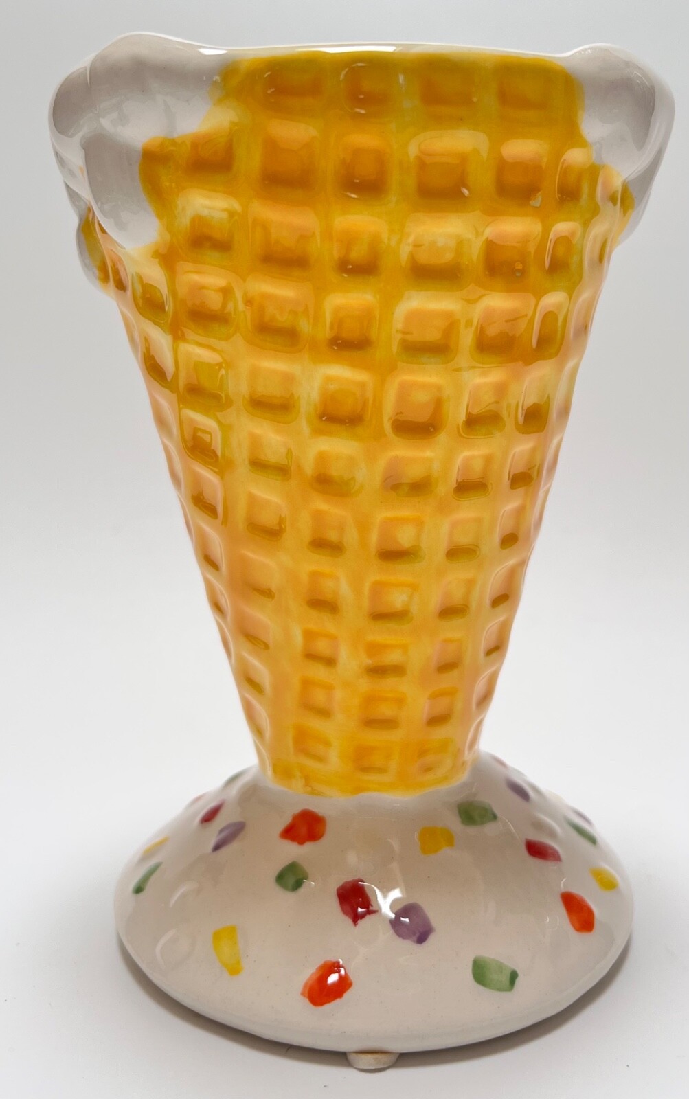 Ice Cream Waffle Cone Flower VASE Confetti Sprinkles Yellow Cream 6″