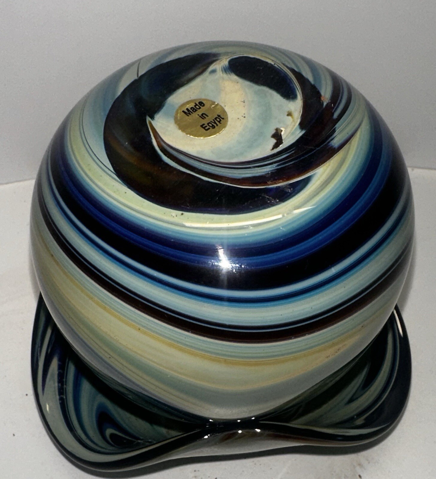 Vintage El Enany Egypt Art Glass Vase Hand Blown Blue Green Swirl Ruffled
