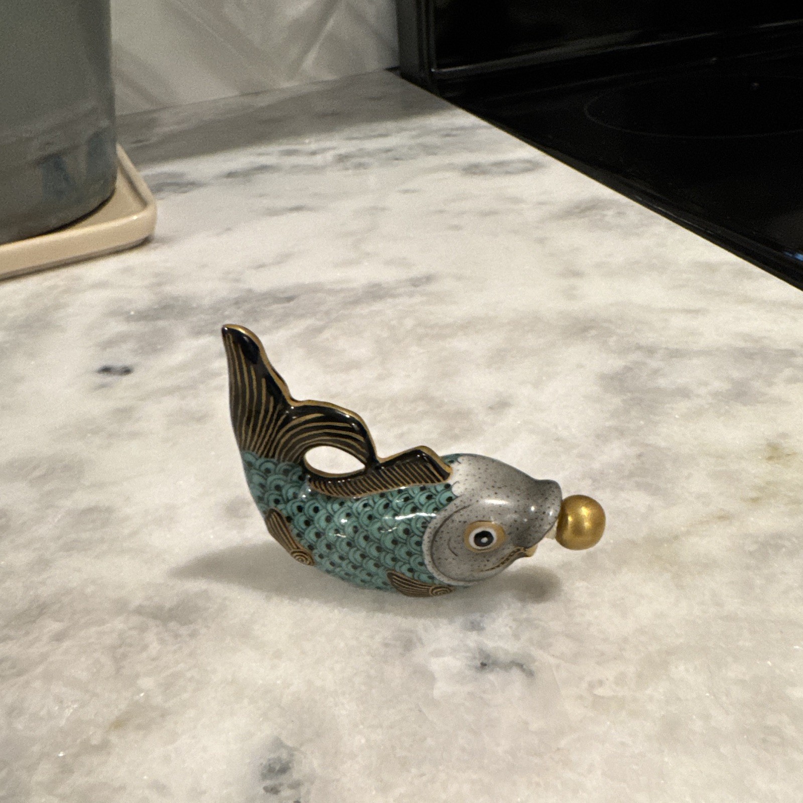 Hand-Painted Ceramic Fish Figurine, Turquoise/Gray/Black/Gold, Glossy