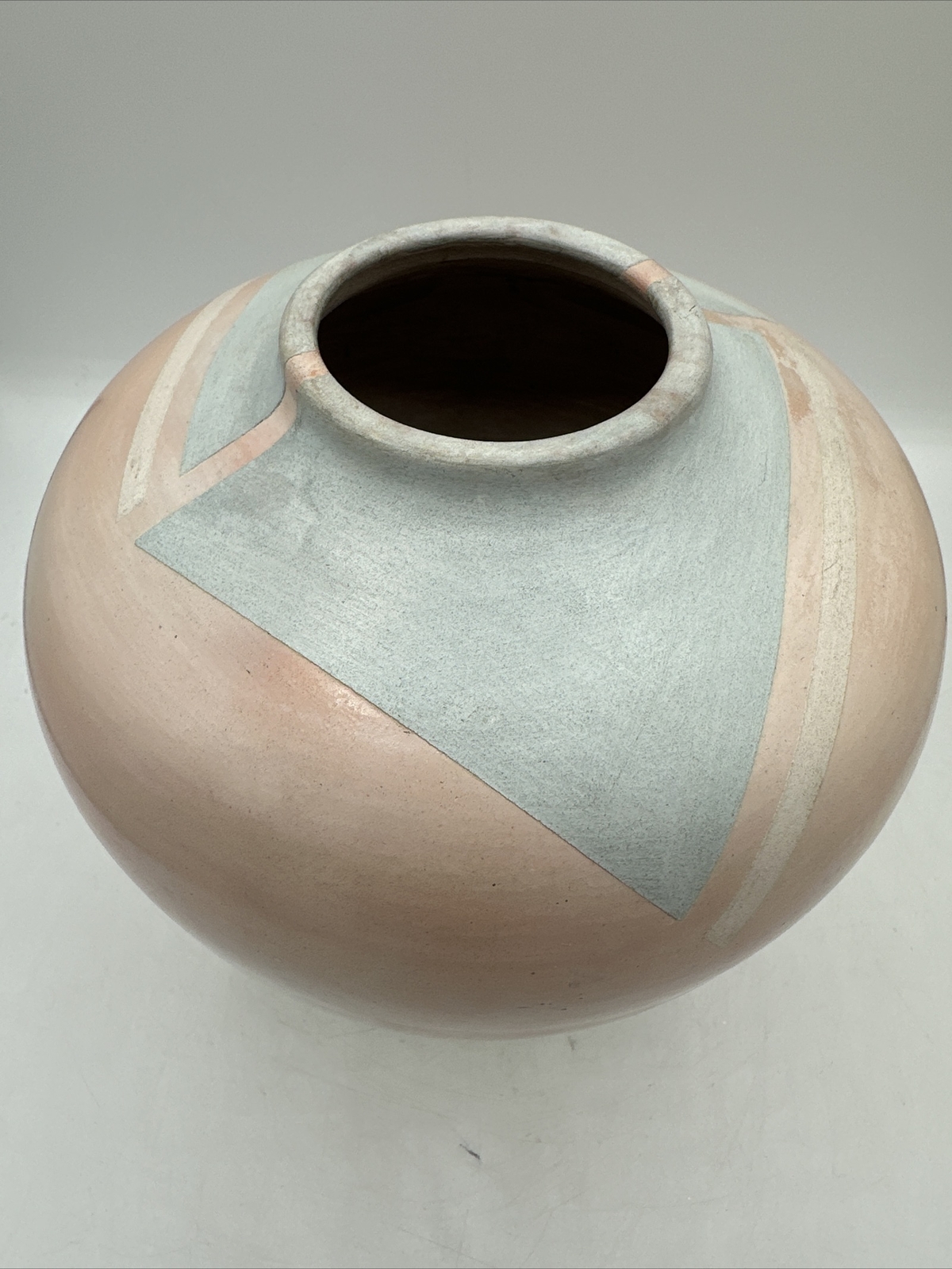 Vintage Bettye Barclay Vase Pot Pottery Large Pink White Blue 8” Handmade Signed