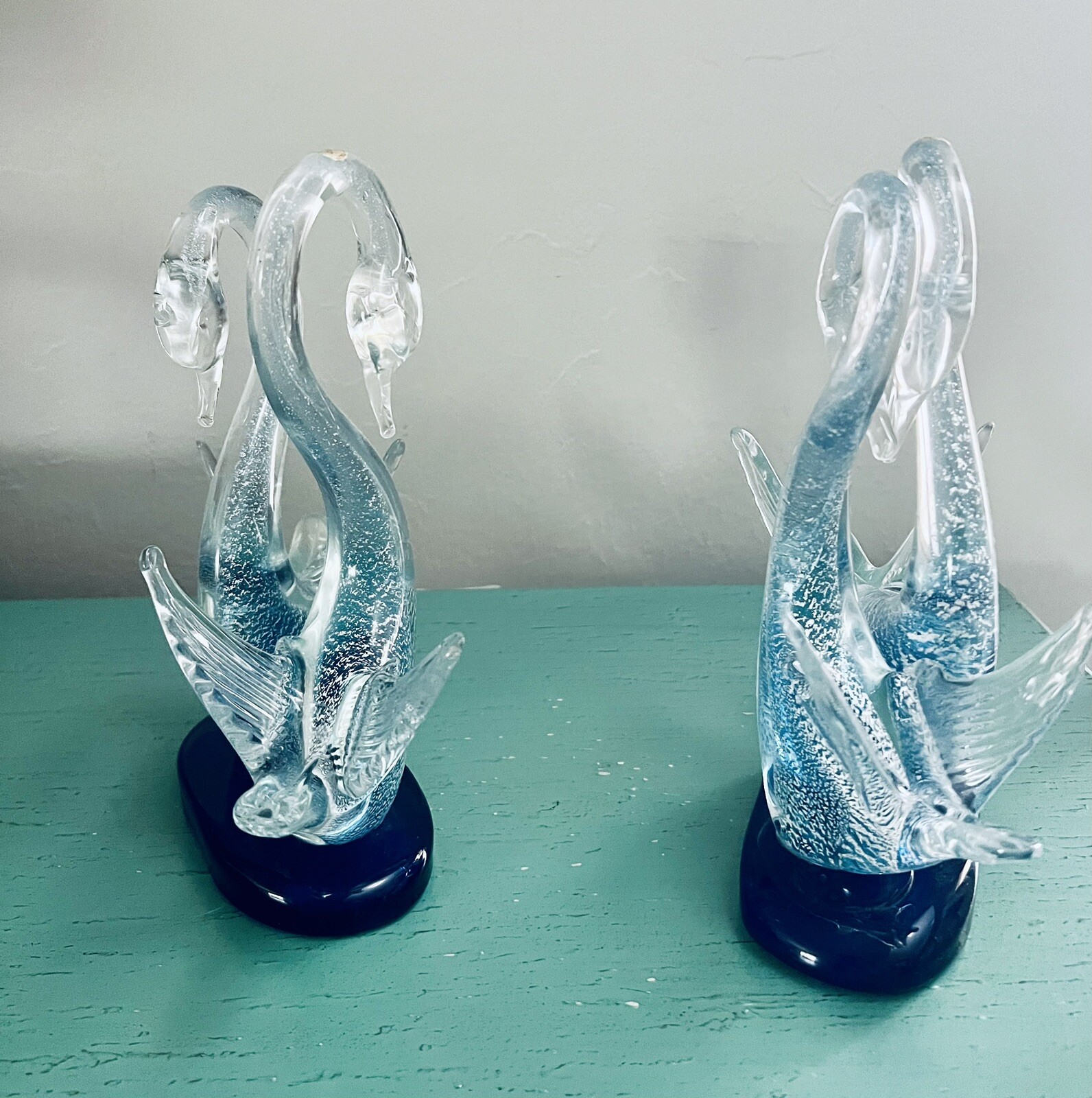 2 Rare MURANO Italy Art Glass Pair of Swans Blue Silver Figurine Heart Love