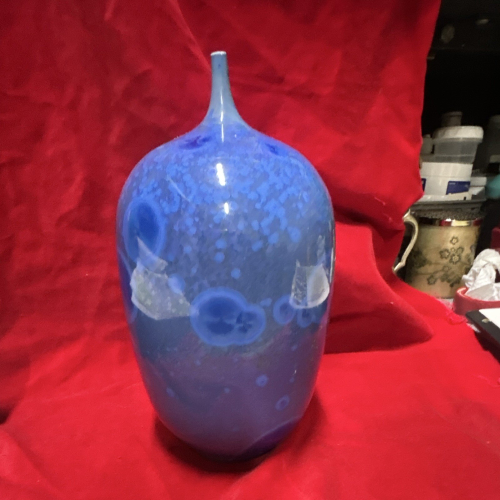 Blue Abstract Ceramic Vase Glossy Finish Decorative Impressed Backstamp