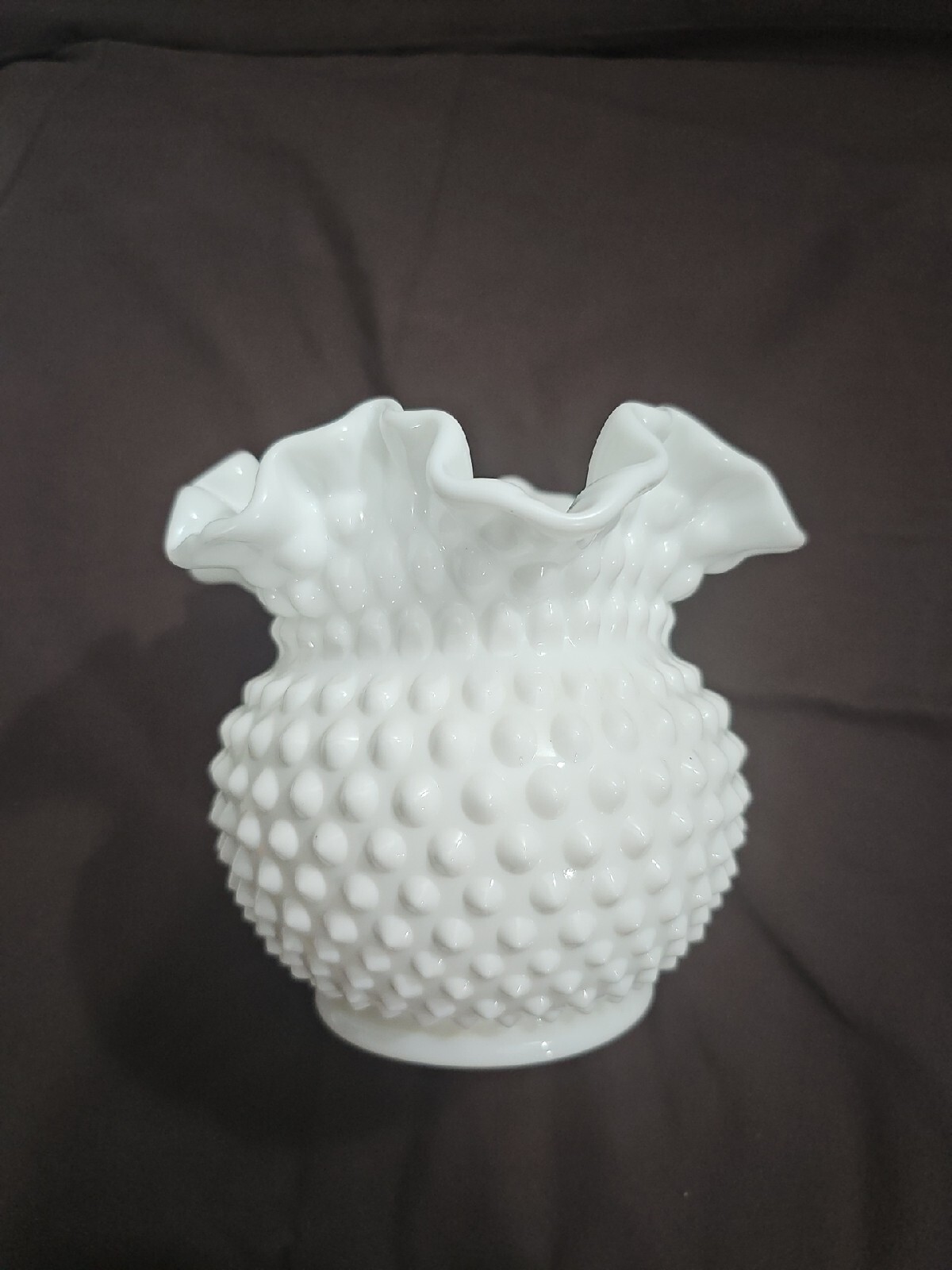 Vintage Fenton Hobnail Ruffled White Milk Glass Vase 5 inches Tall 6 Diameter