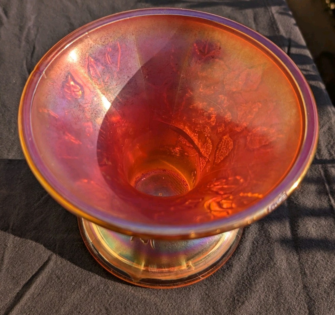 VTG Carnival Glass Marigold Punch Bowl Stand Candle Holder Compote Roses 5″ High