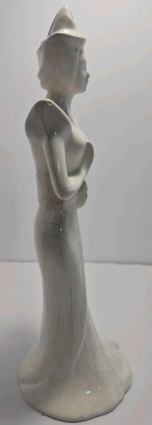 Vintage, White Porcaline With Crackle Blue Lady Figurine