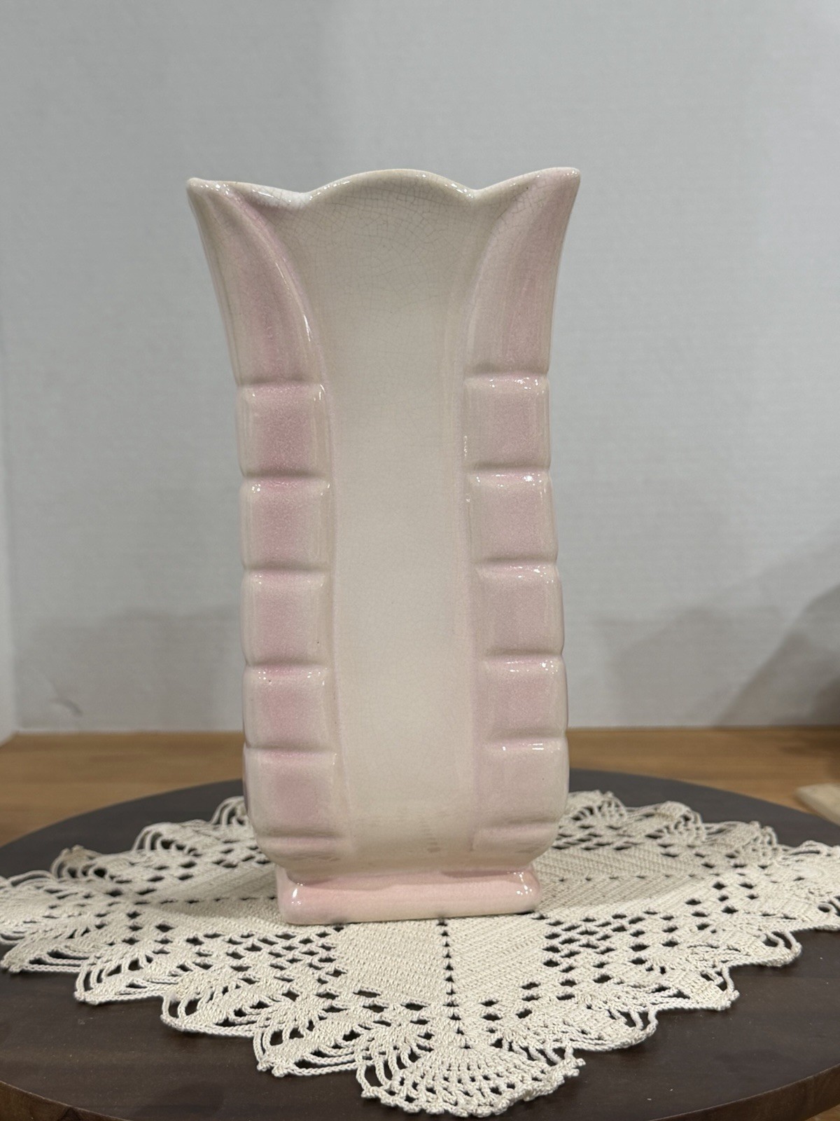 ROSEMEADE NORTH DAKOTA POTTERY SQUARE VASE 8 1/2” TALL, PINK TO CREAM