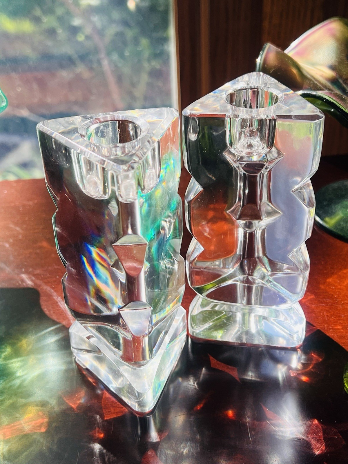 Vintage Rogaska Signed Crystal Candlestick Holders Pair Modernist Prism Triangle