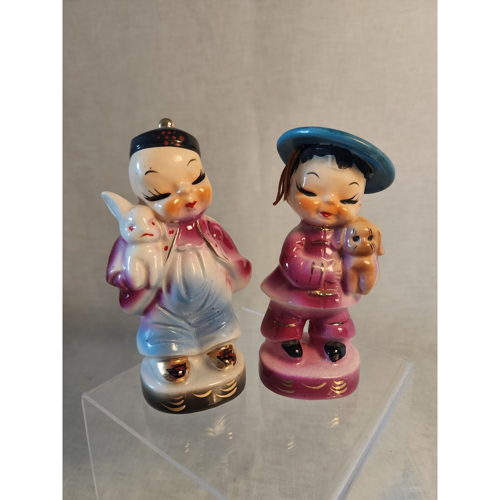 Kitschy Asian Boy and Girl Figurines with Bunny Rabbit and Puppy Dog, Set of 2