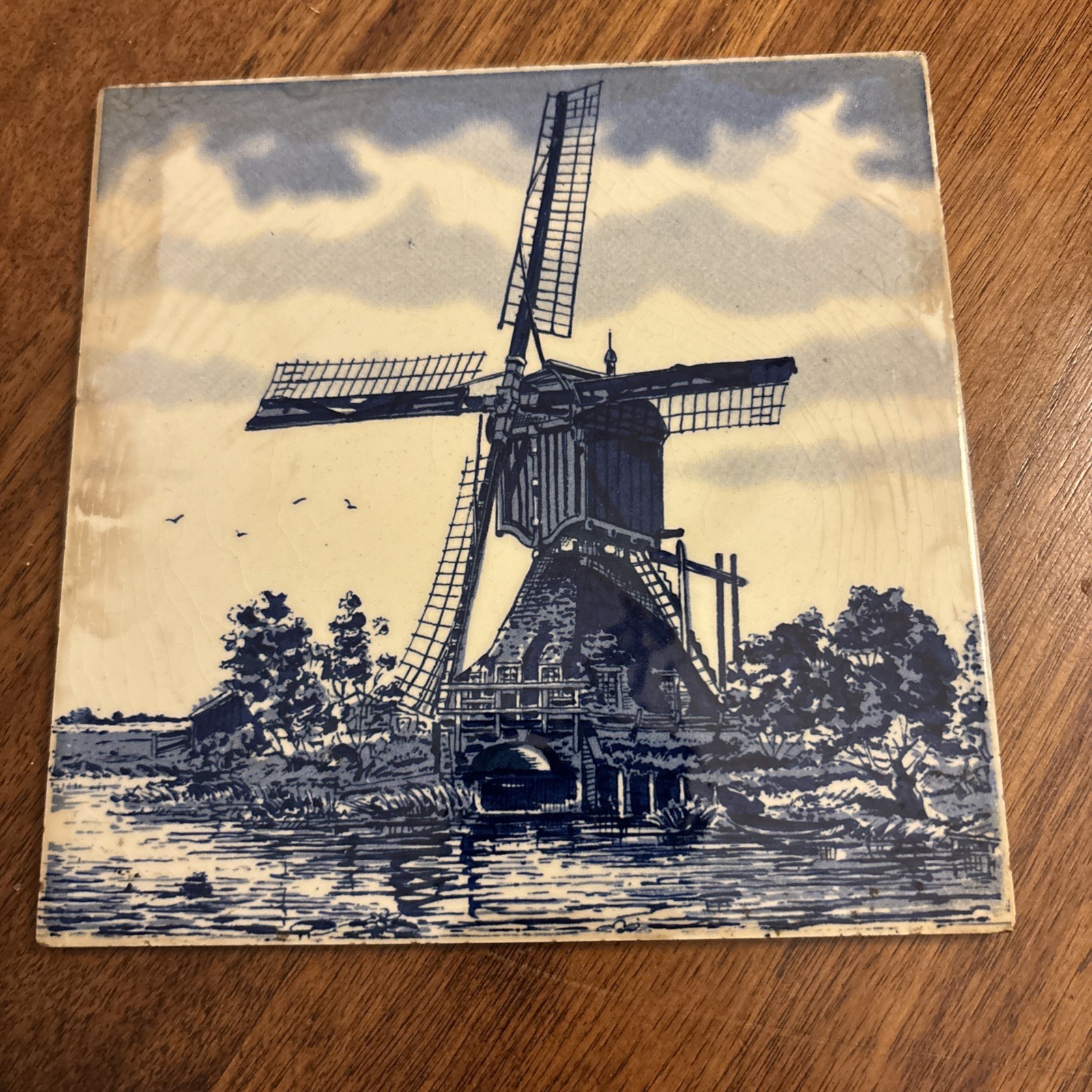 Antique HOLLAND DELFT HAND PAINTED WINDMILL TILE 6″x 6″ Detailed