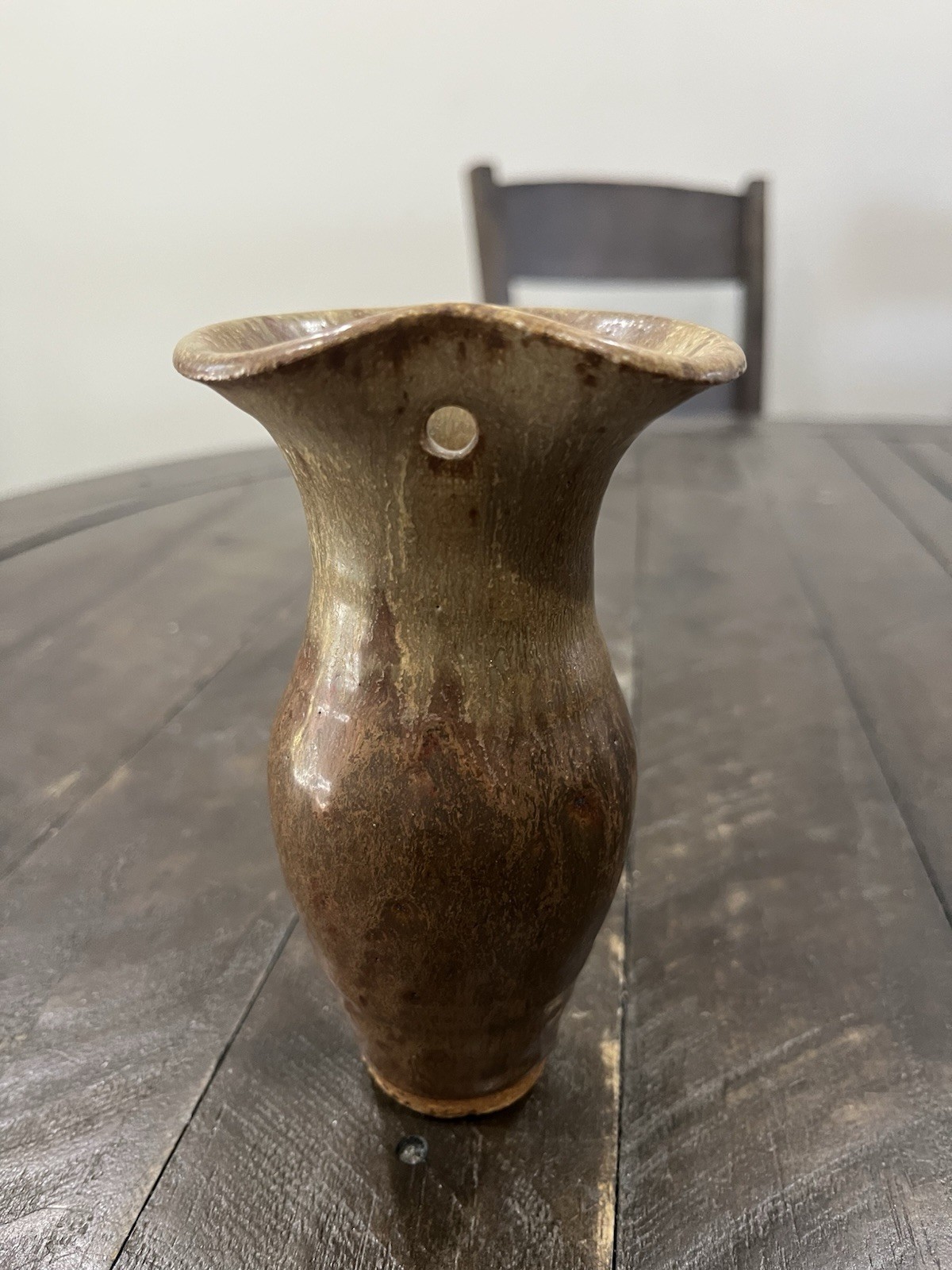 Wagner Village Art Pottery Small Wall Vase Brown Glaze 5 7/8”