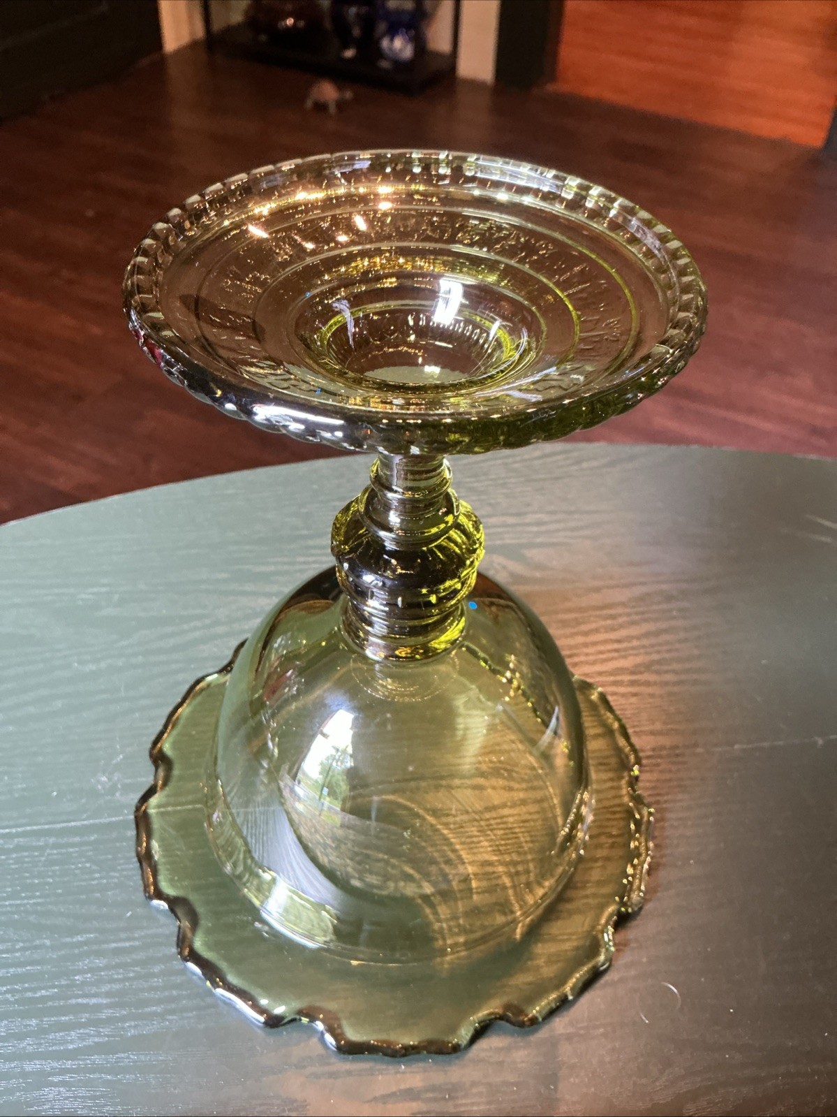 Vintage MCM 11.75” Olive Green Glass Lidded Compote (Empoli?)