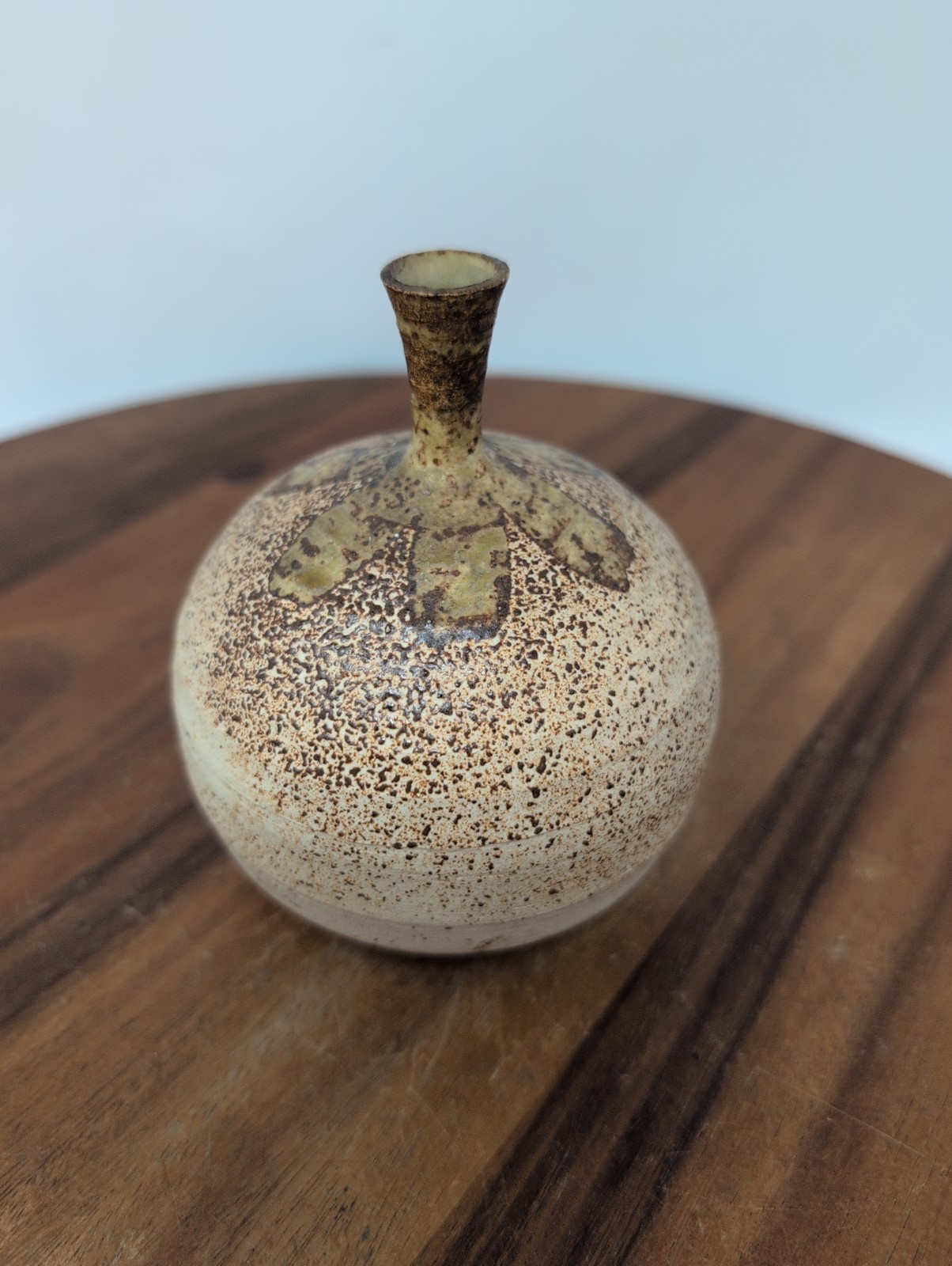 Mid-Century Modernist Round Speckled Earth Tone Ceramic Vase w/ Tapered Neck
