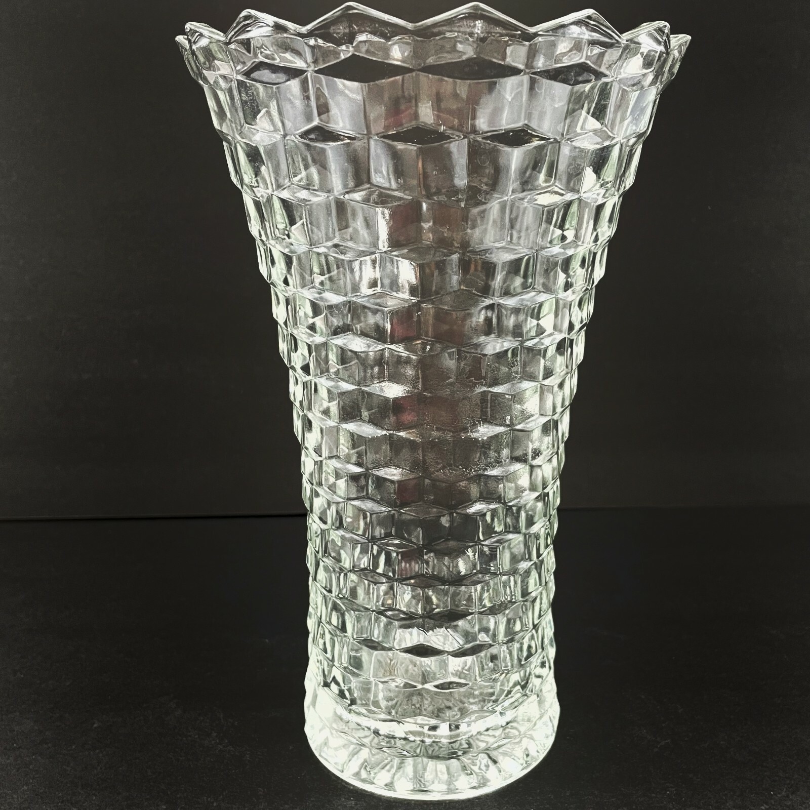 Vintage Fostoria American Flared Floral Vase Cubist MCM Clear Glass Heavy 10″