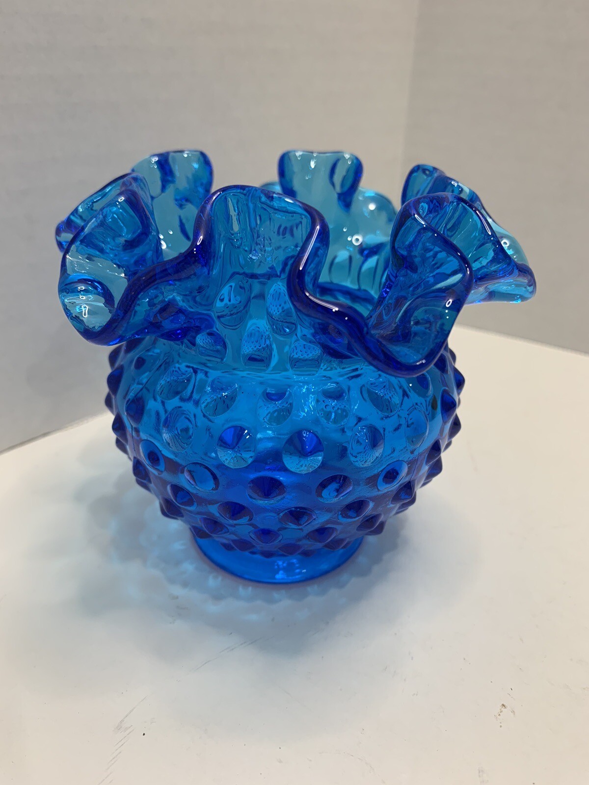 Vintage Fenton Hobnail Pattern Cobalt Blue Vase Ruffled Top 4” x 4”.