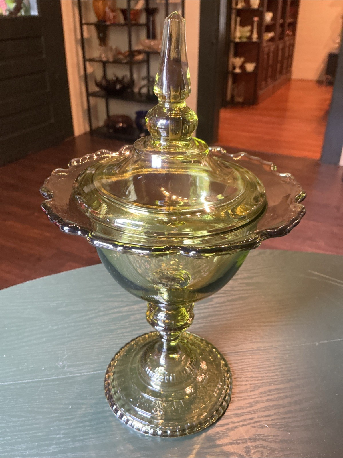 Vintage MCM 11.75” Olive Green Glass Lidded Compote (Empoli?)