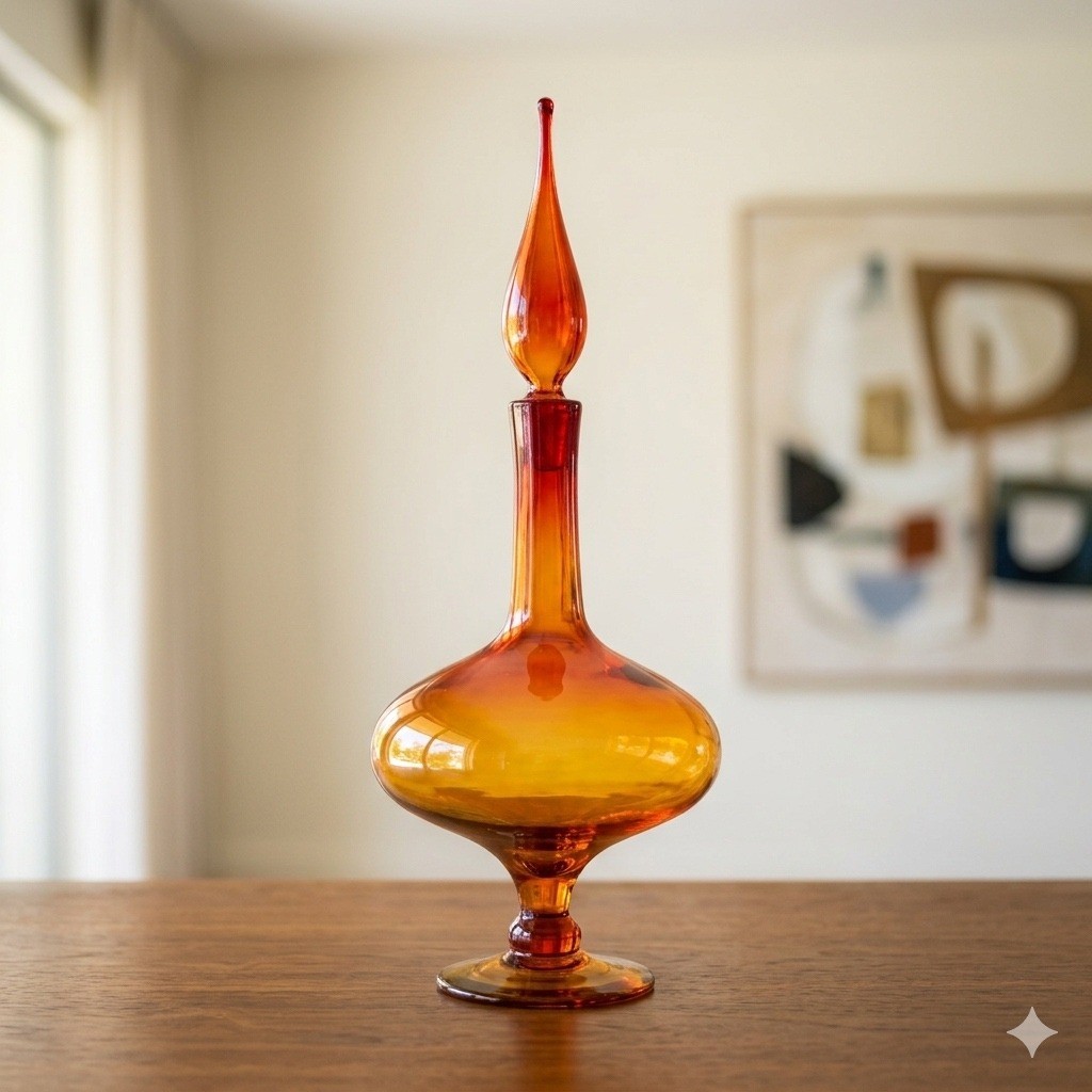 Blenko 6212 Tangerine Decanter Wayne Husted Art Glass Teardrop Stopper