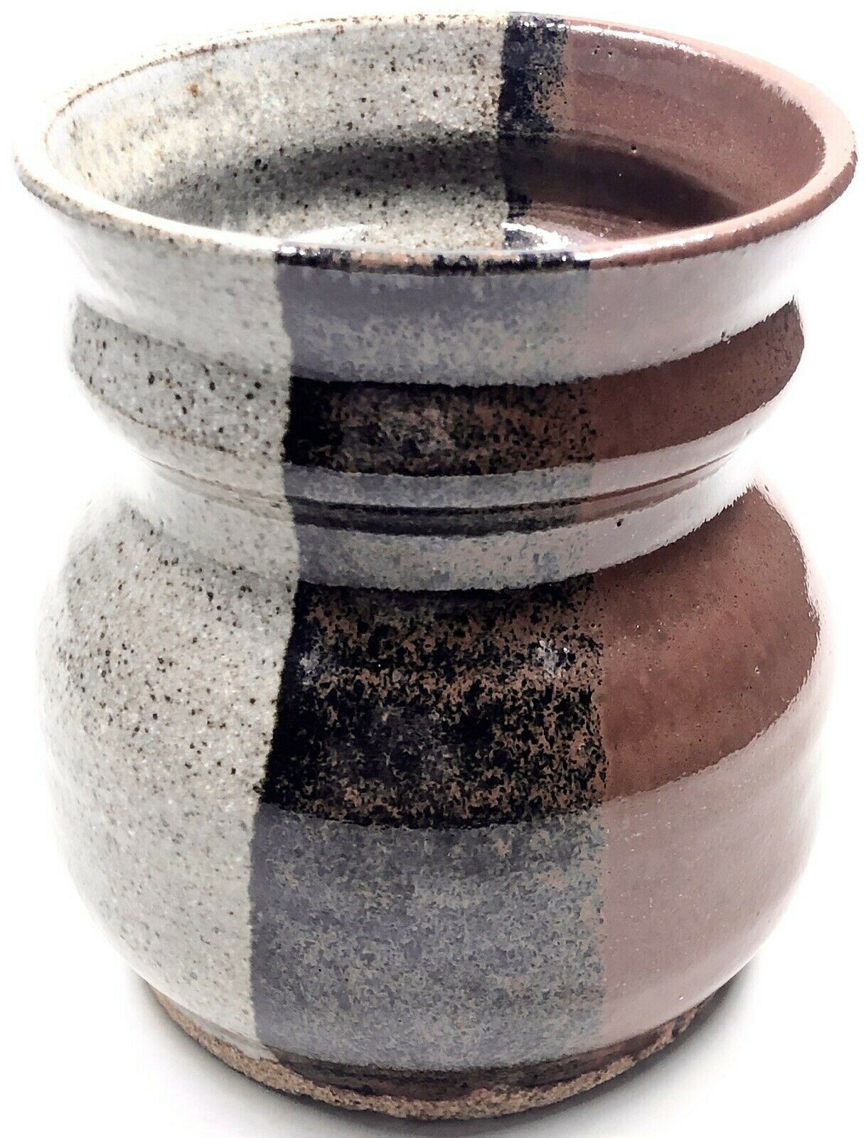 Signed Art Pottery Vase Brown Cream & Black Lava Glaze On Stoneware 4.75”