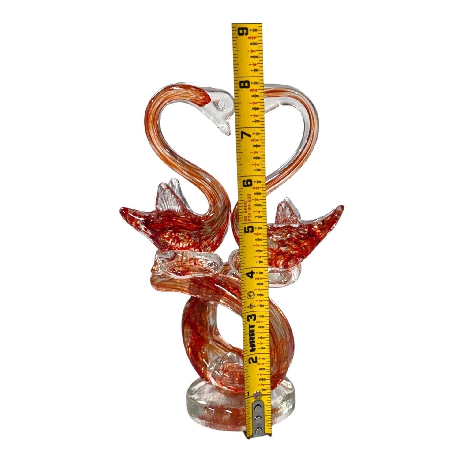 Handcrafted Blown Sculpted Glass Double Swan Figurine Orange 8″ Paperweight VTG