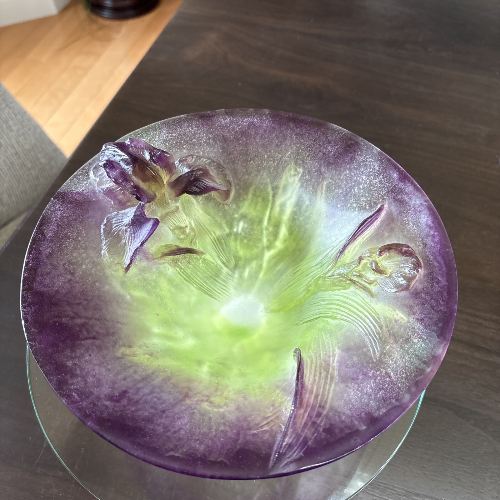 DAUM FRANCE PATE DE VERRE LARGE IRIS CETERPIECE BOWL SIGNED 8 3/4”-MINT
