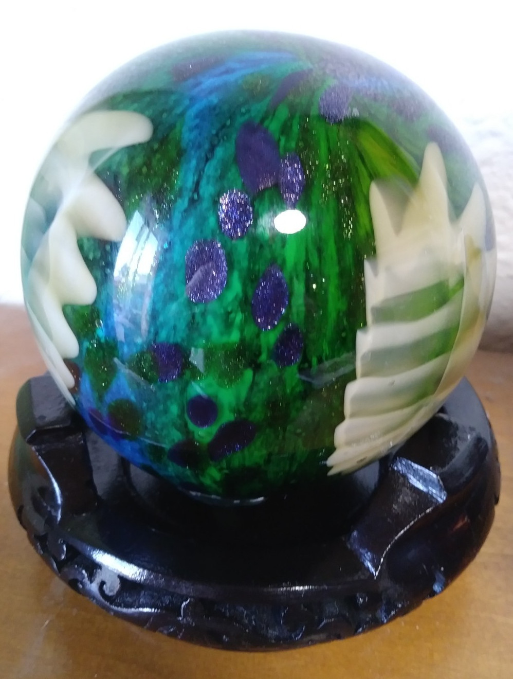 Multi-color Blown Art Glass Sphere w/stand, 12.5+ in circumference 4 in diameter