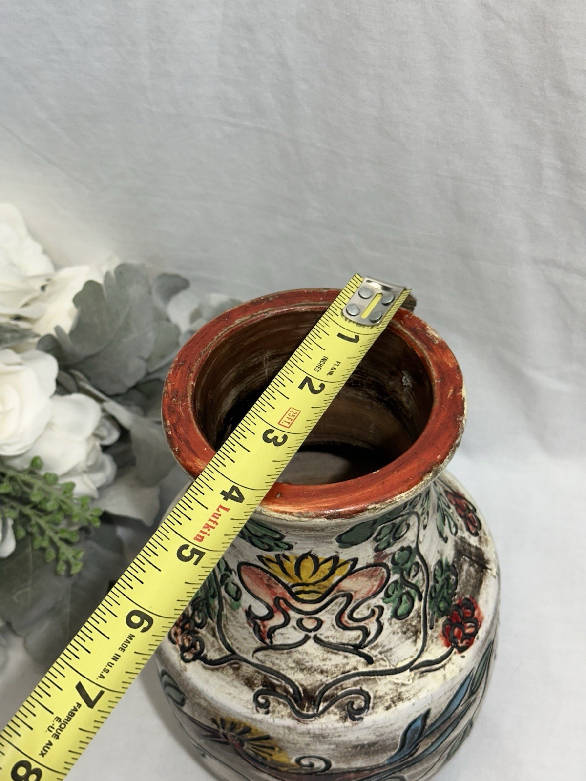 Vintage Bird and Floral Earthenware Vase. Pottery Engraved Design Made In Japan