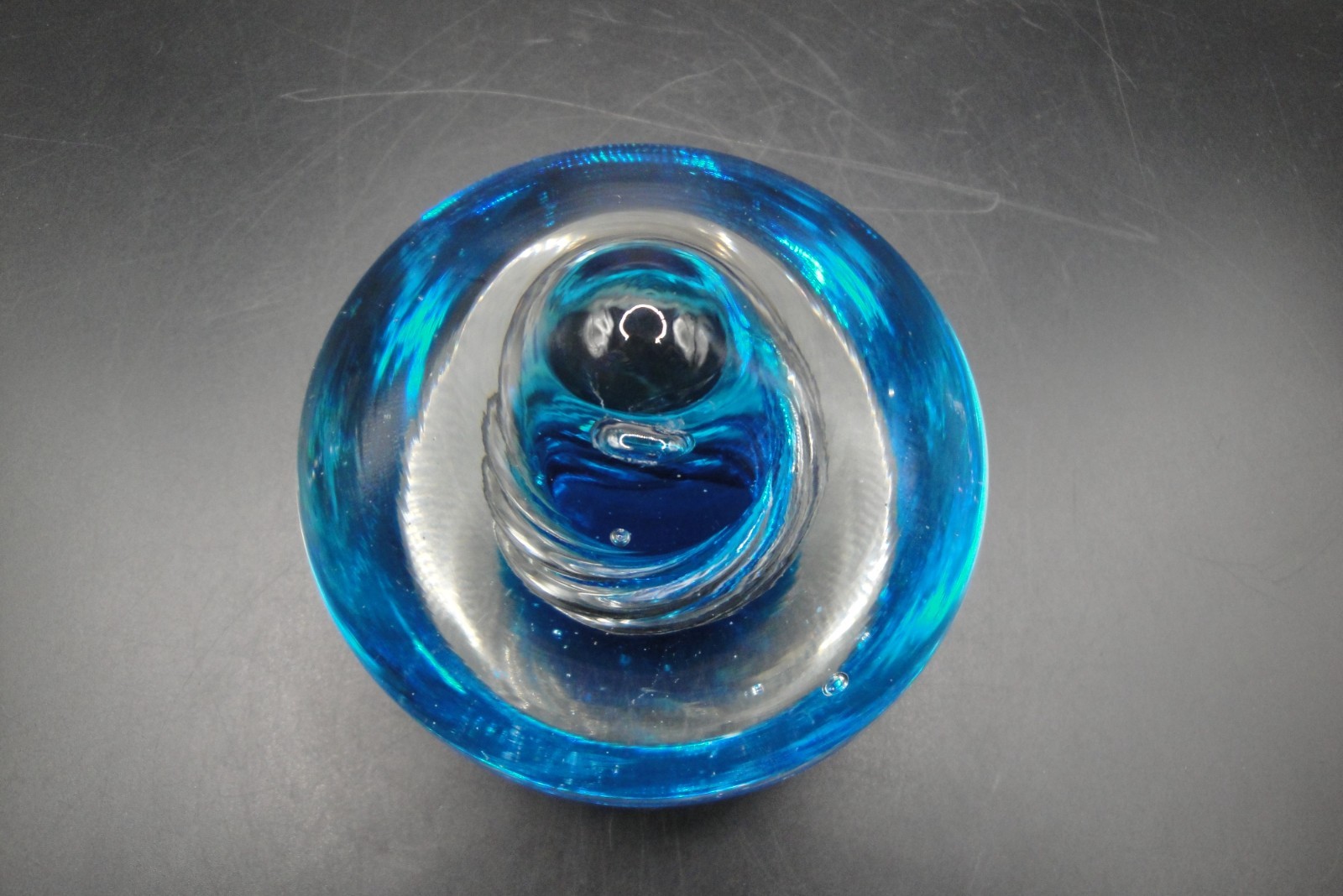 Vintage Hand Blown Studio Art Glass Swirled Paperweight, Encased Blue, U.S.A.