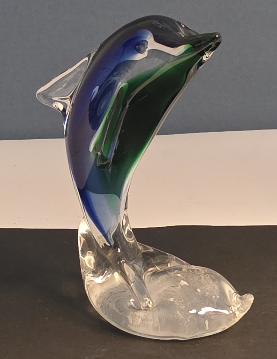 Art Glass Dolphin Figurine Paperweight 6” Green Blue Clear Unbranded