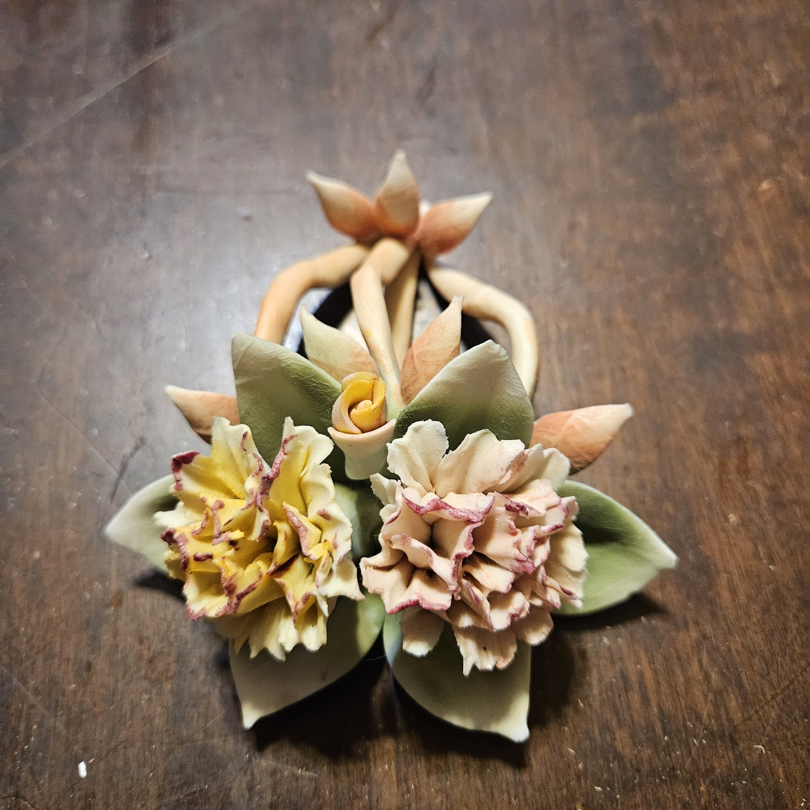 Small Capodimonte Italian Ceramic Flower Figurine Pink And Yellow