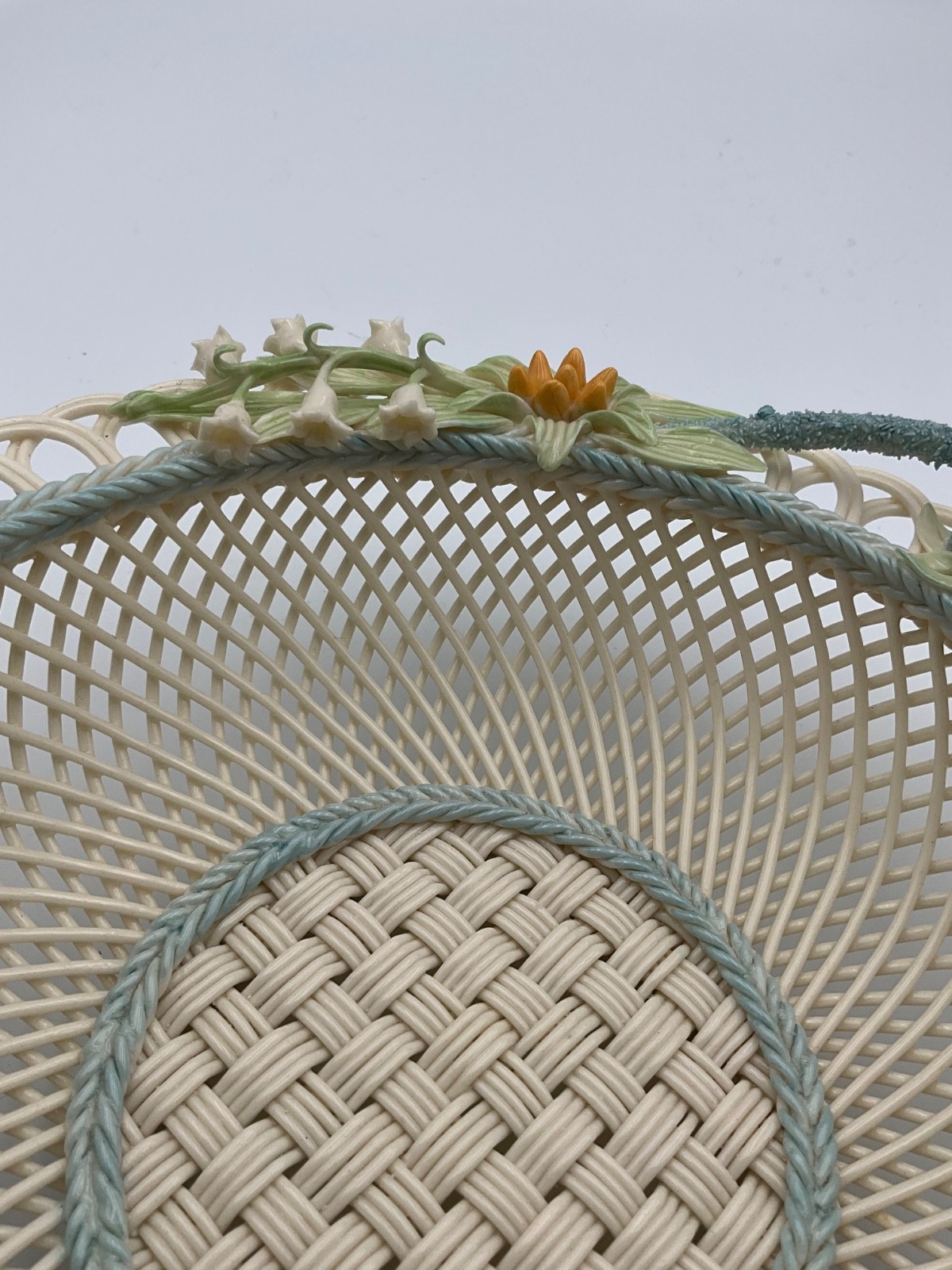 Belleek Lily of the Valley 9″ Basketweave Dish Bowl Ireland Porcelain