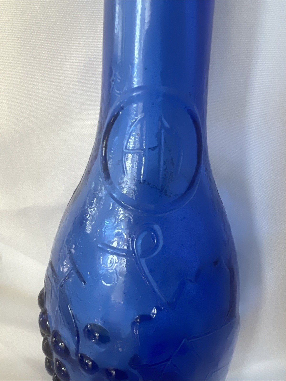 Cobalt Blue Embossed Glass Bottle, Grapes & Vine, Vintage Style Decor w/ Cork