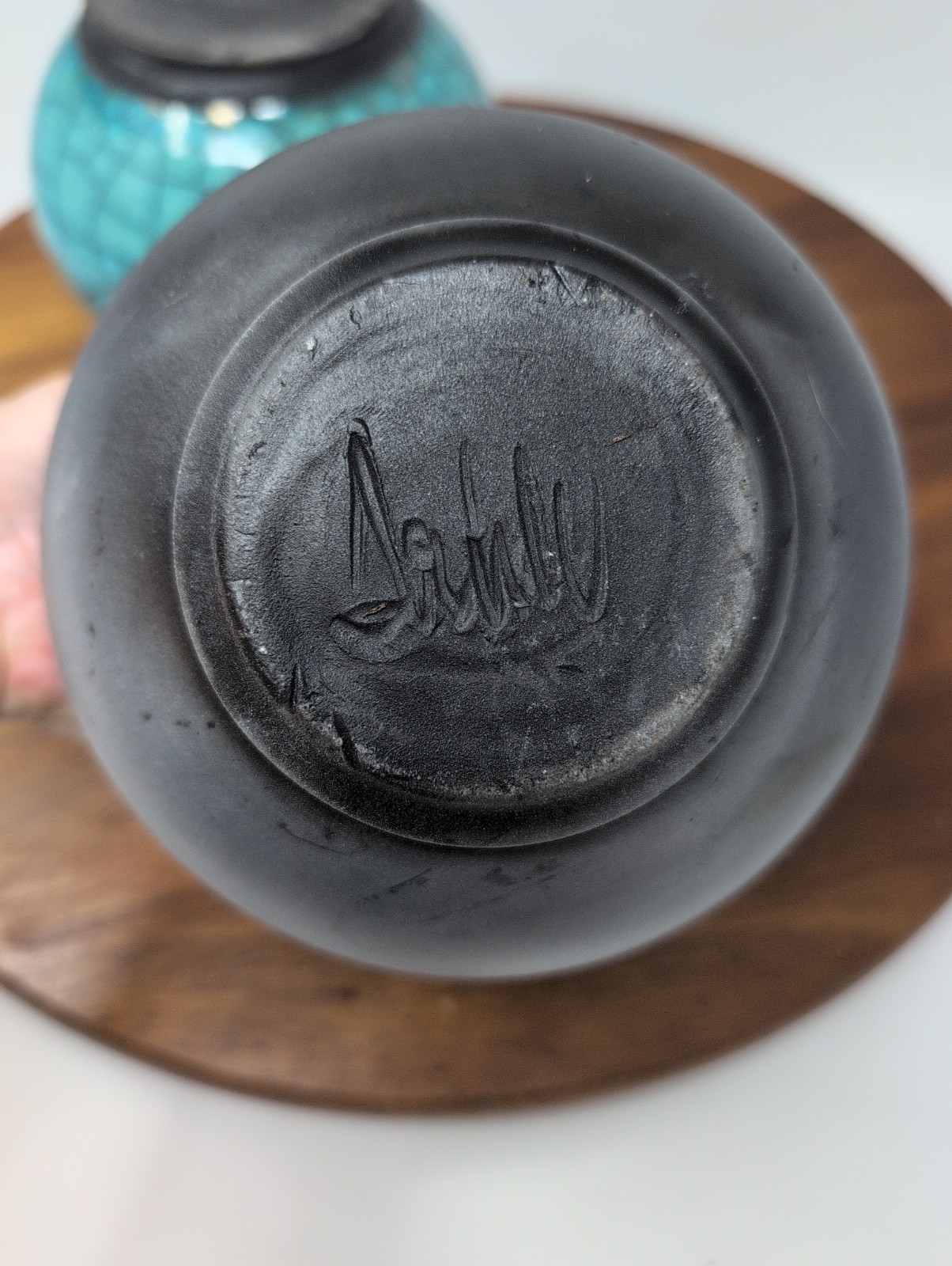 Lot Of 2 Raku Studio Pottery Signed 1 Turquoise 1 Crackle Gray