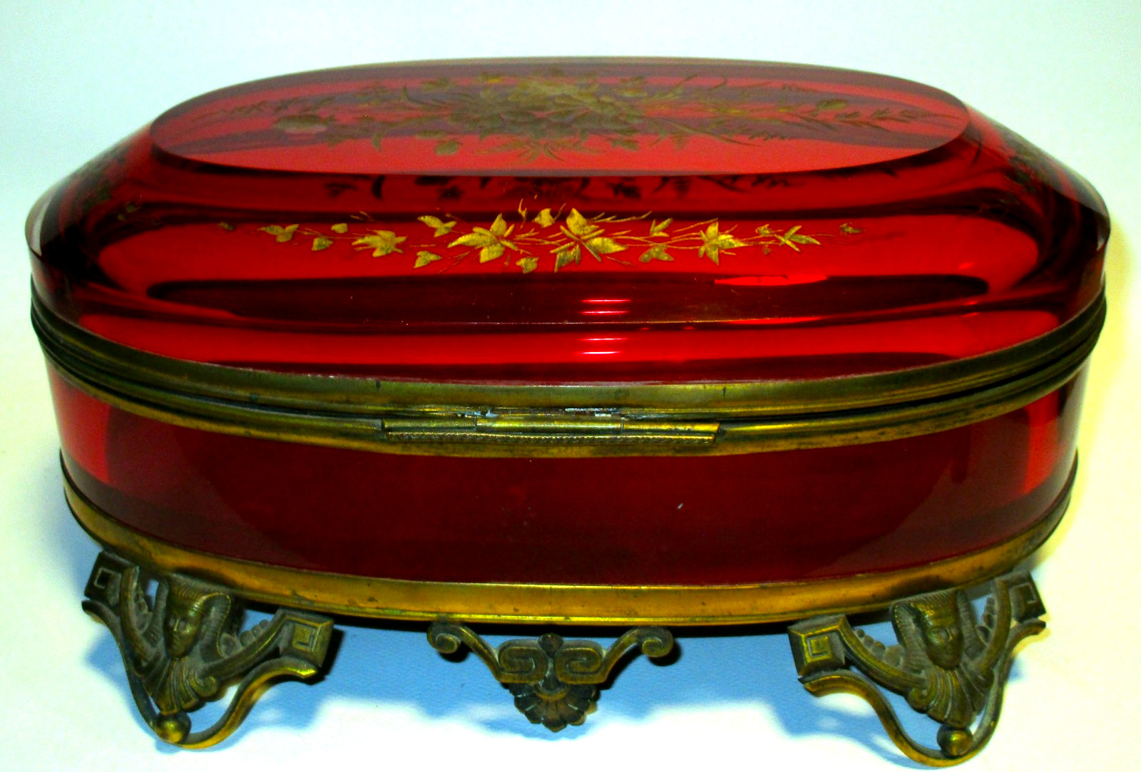 Massive Egyptian Revival Ormolu Cranberry Glass Box Casket Pharoah Heads AMAZING