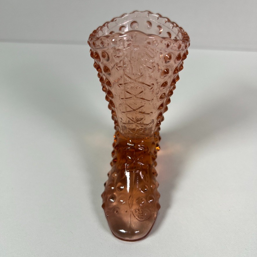 Vintage Fenton Art Glass Pink Laced Hobnail Pattern 4″ High Boot Figurine Vase