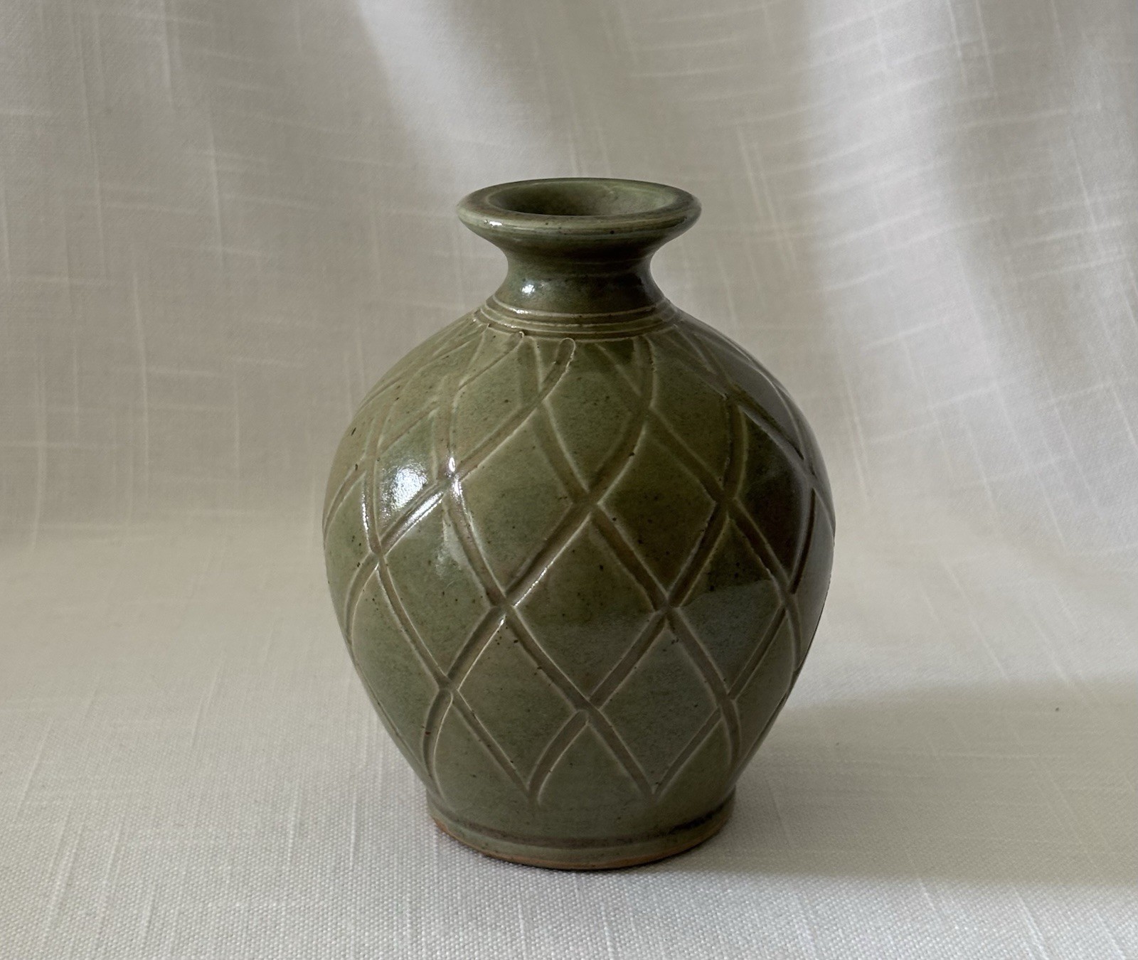 Signed MARK NAFZIGER Studio Art Pottery Bud Vase 4.75” Green, Brush Creek~ Ohio
